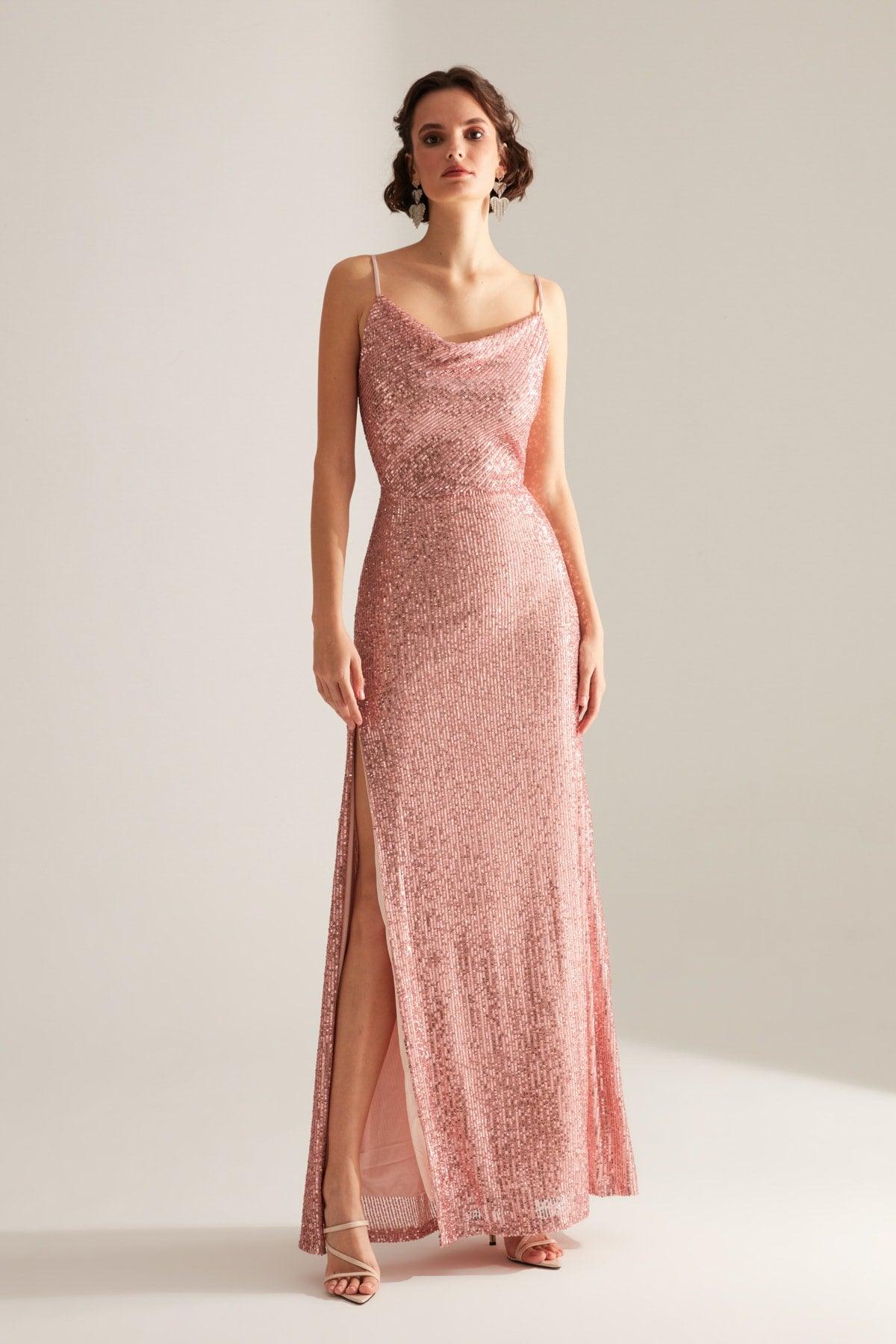 Strap Degajee Collar Slit Sequin Dried Rose Evening Dress - Swordslife