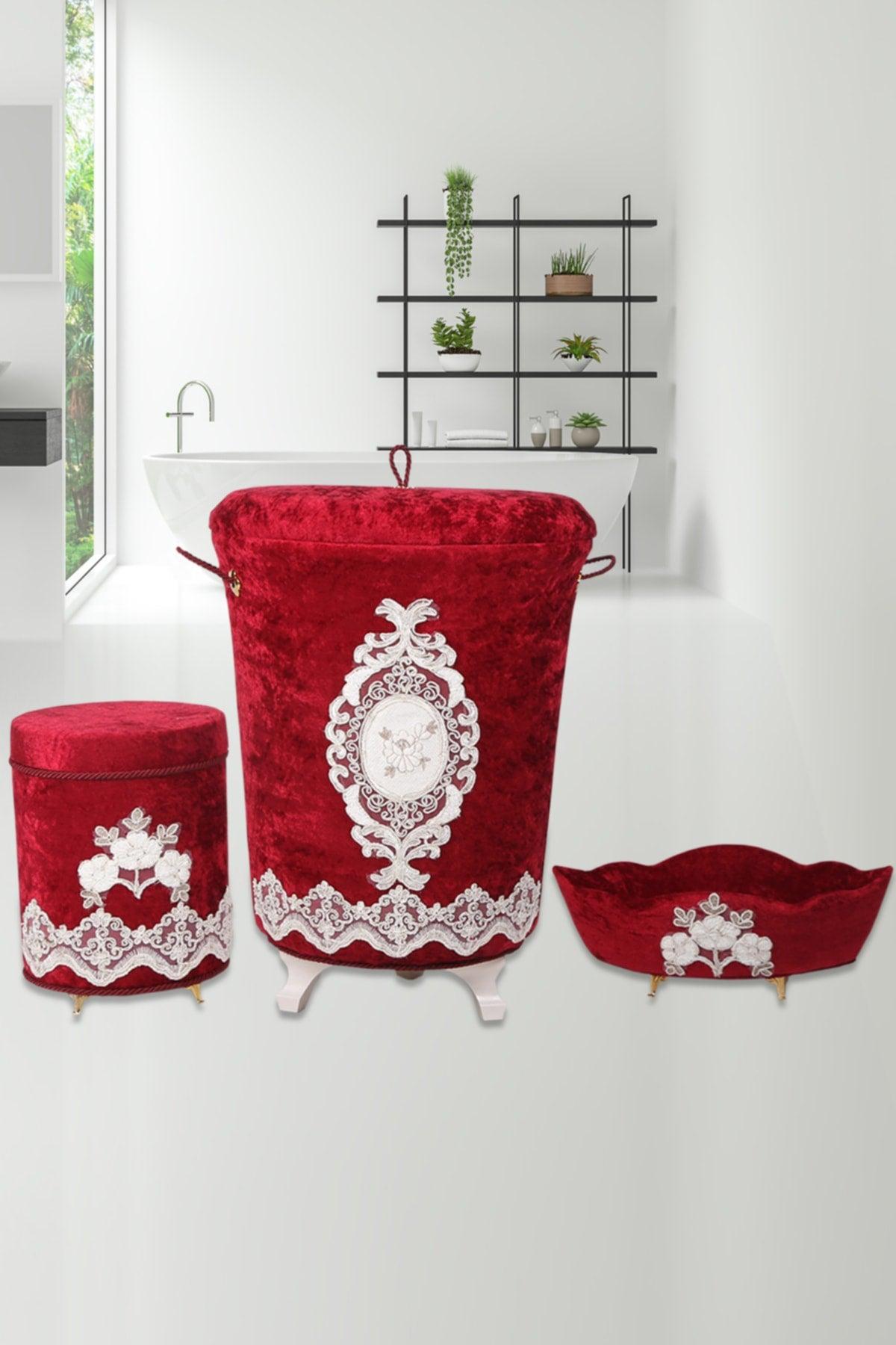 Lisa Claret Red 3 Pcs Velvet Dowry Lacy Bathroom Dirty Laundry Basket Set | Bathroom Set - Swordslife