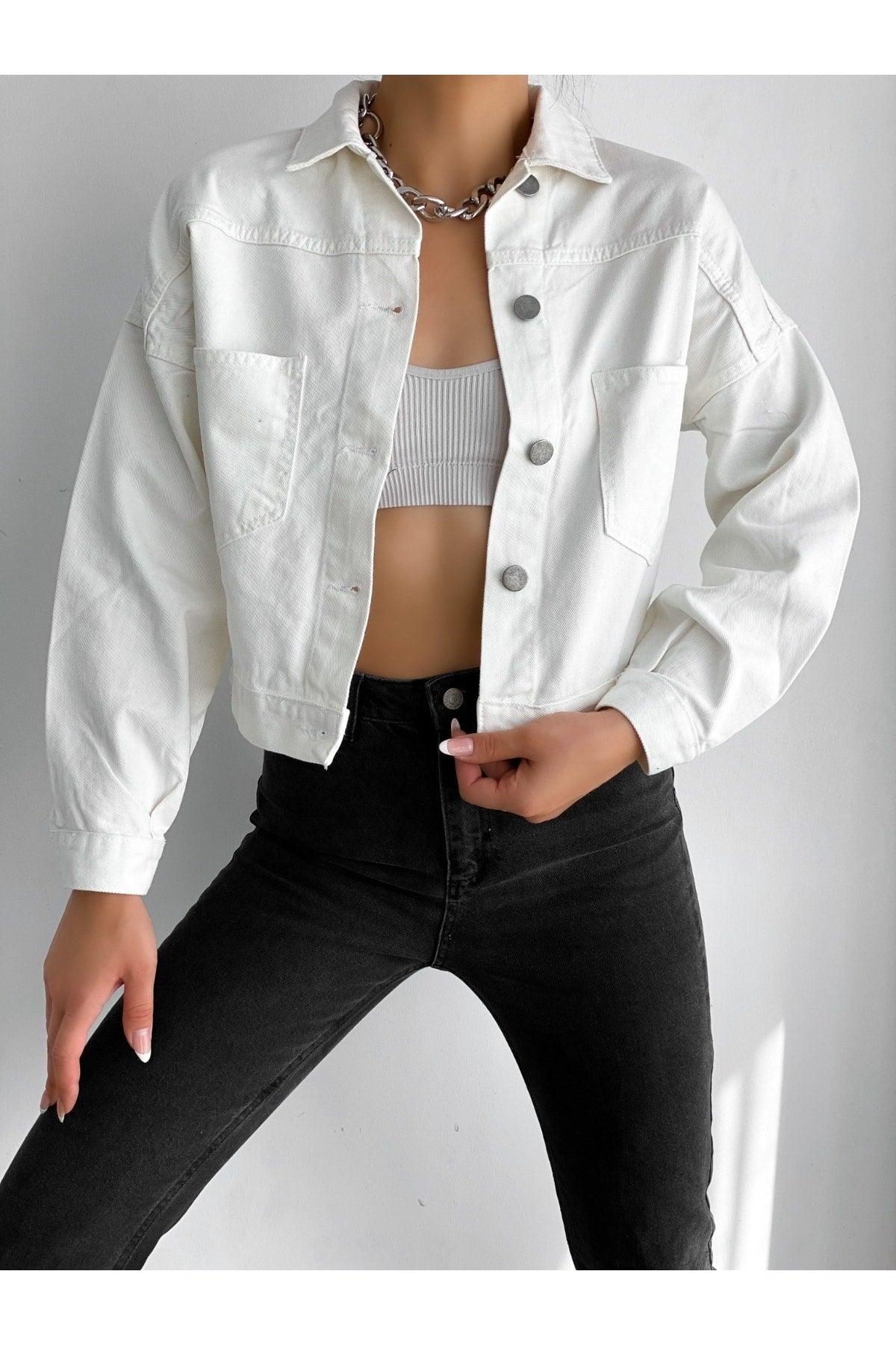 White Women's Oversize Crop Denim Jacket Zyn-58080 - Swordslife