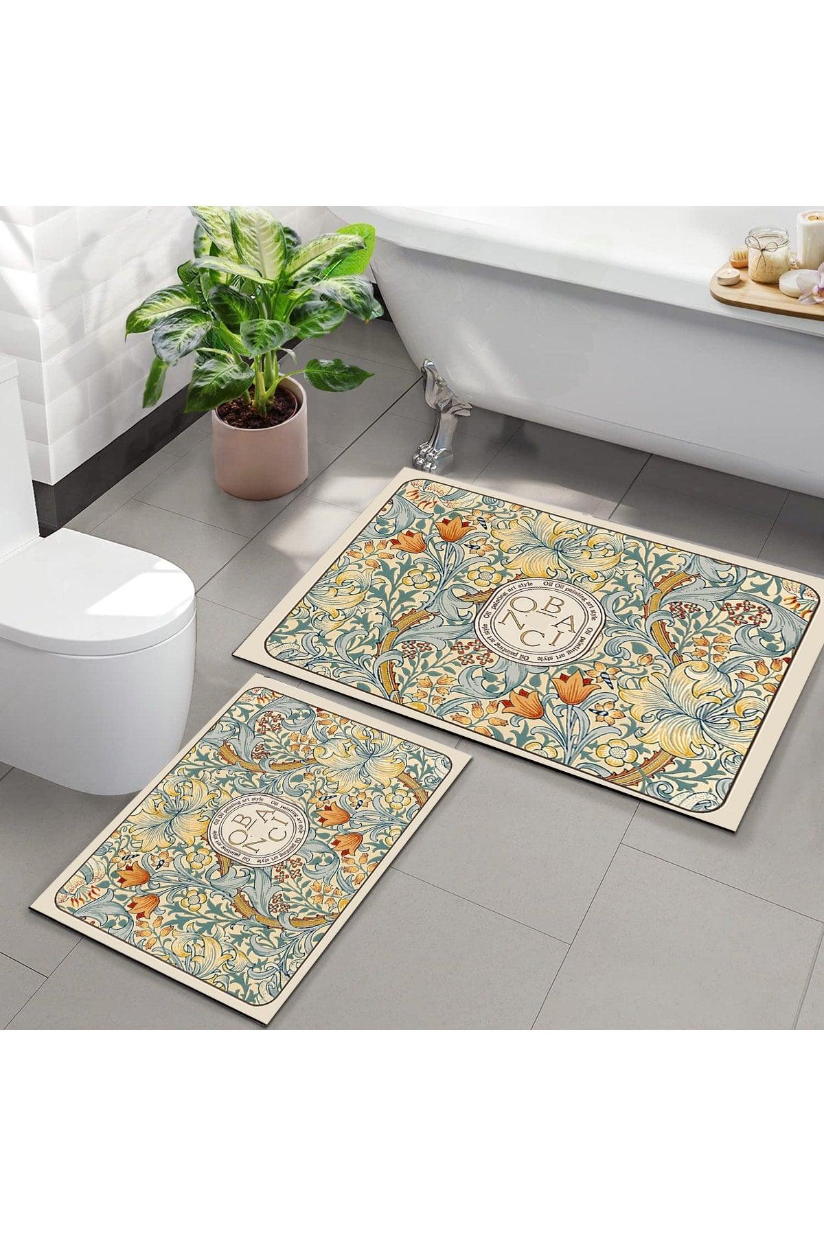 Else Yellow Flowers Patterned Washable Non-Slip Floor 2 Bathroom Carpet Doormat Closet Set - Swordslife