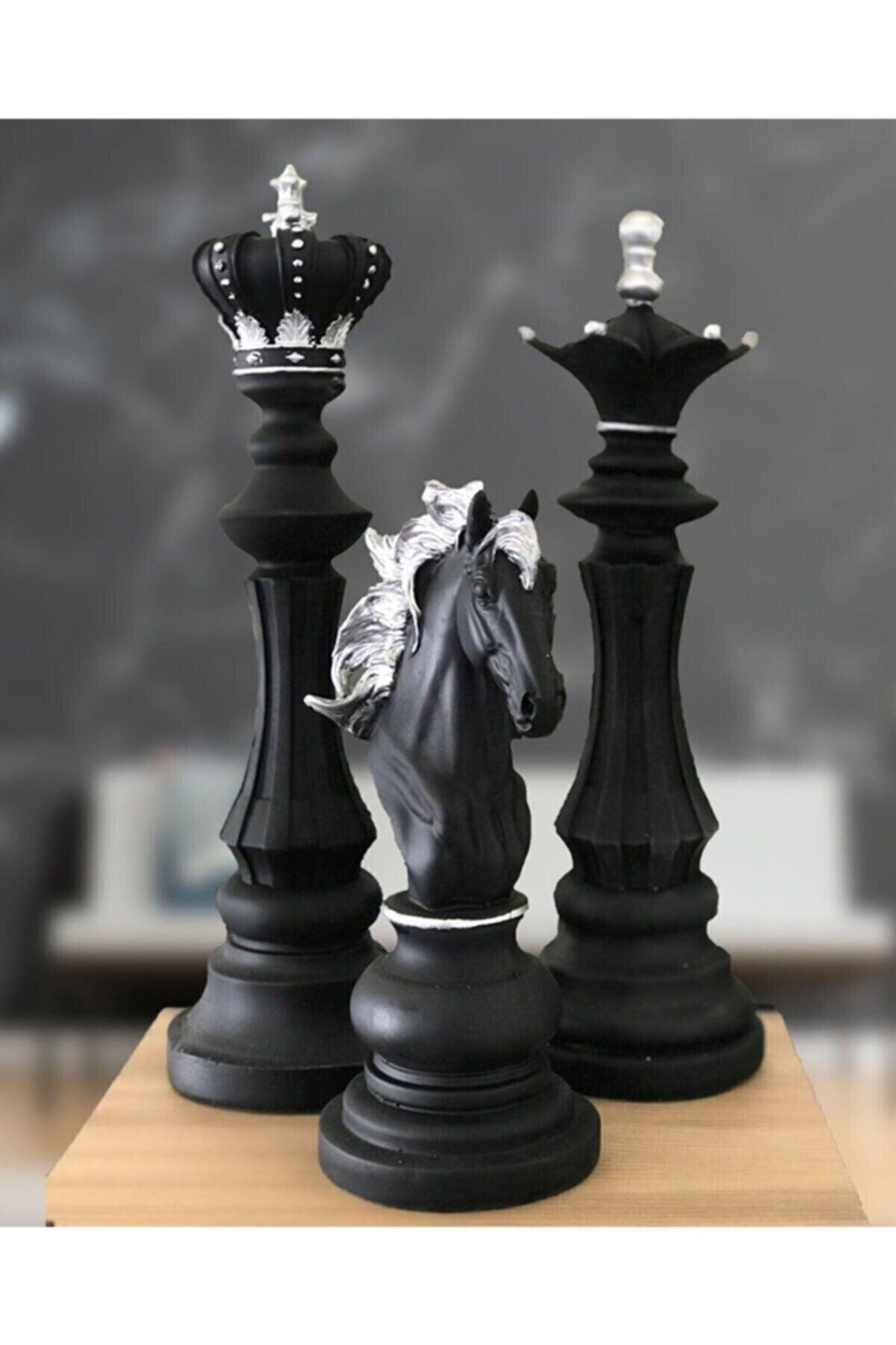 Trio Chess Set Statue King Queen Horse Decorative Black Chrome Trinket - Swordslife