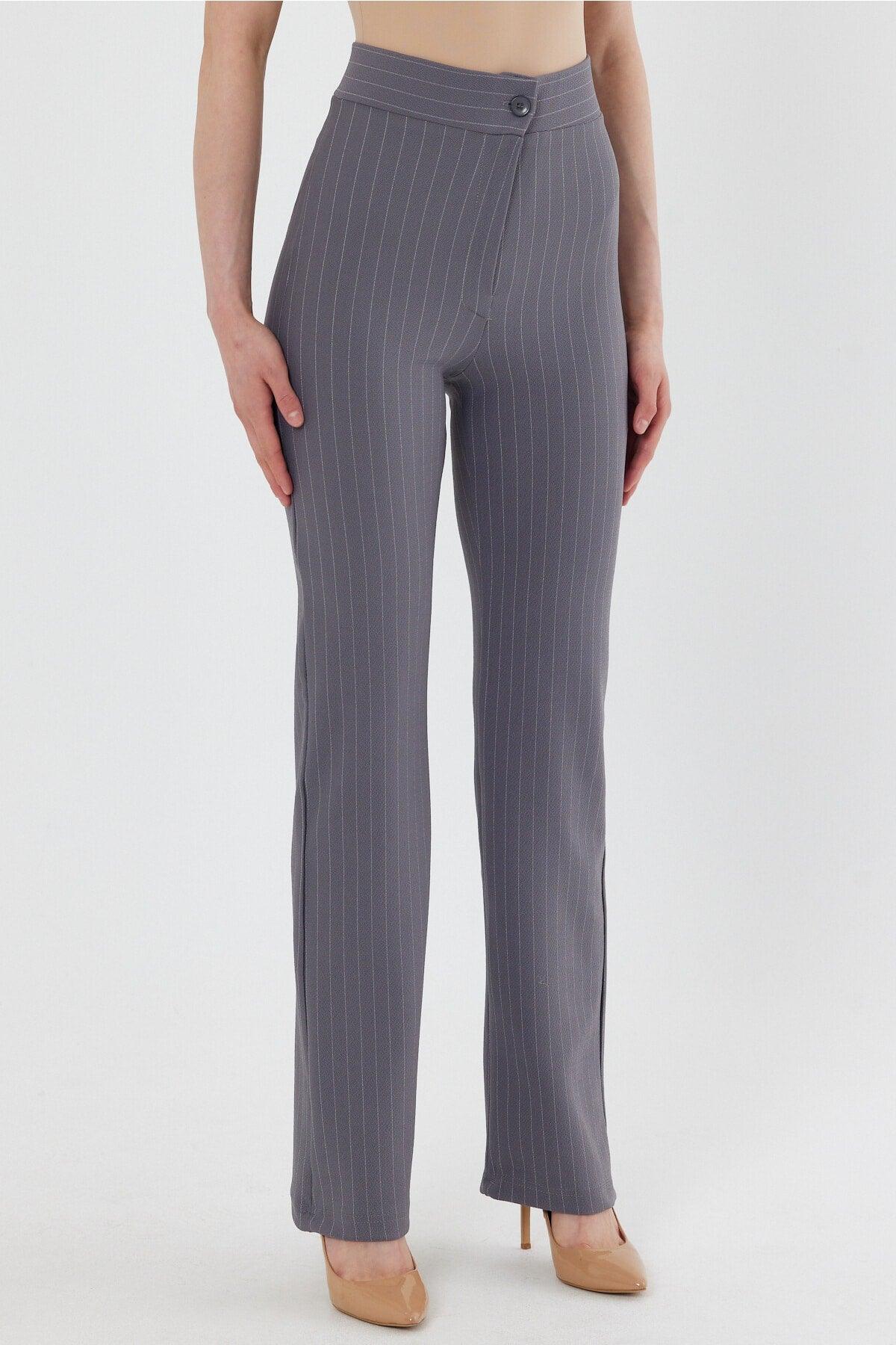 Women's Gray Striped High Waist Gatherer Bell-Length Palazzo Trousers - Swordslife