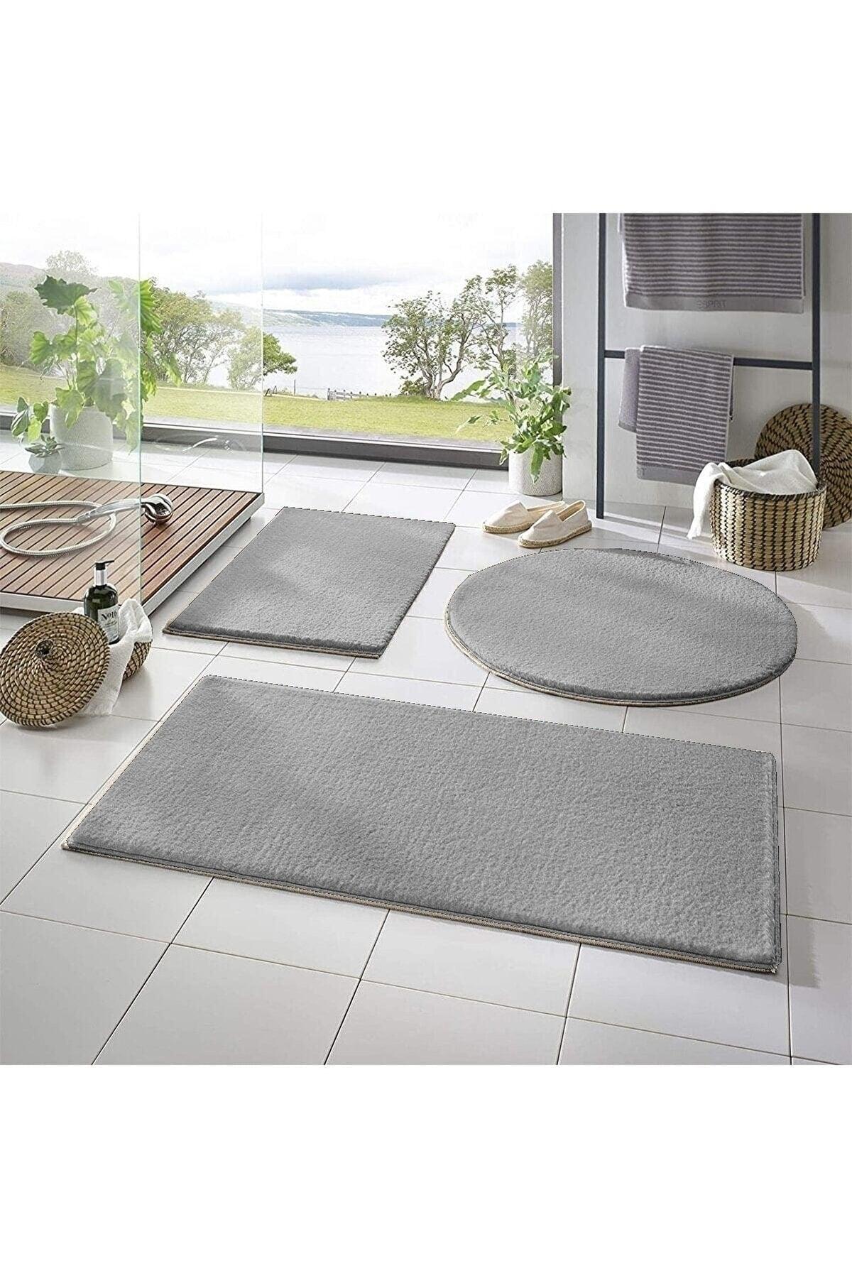 Sarar Post 3 Pcs Bathroom Carpet (60X100, 40X60, 60X60 ROUND) Plush Post Carpet Closet Set Light Gray - Swordslife