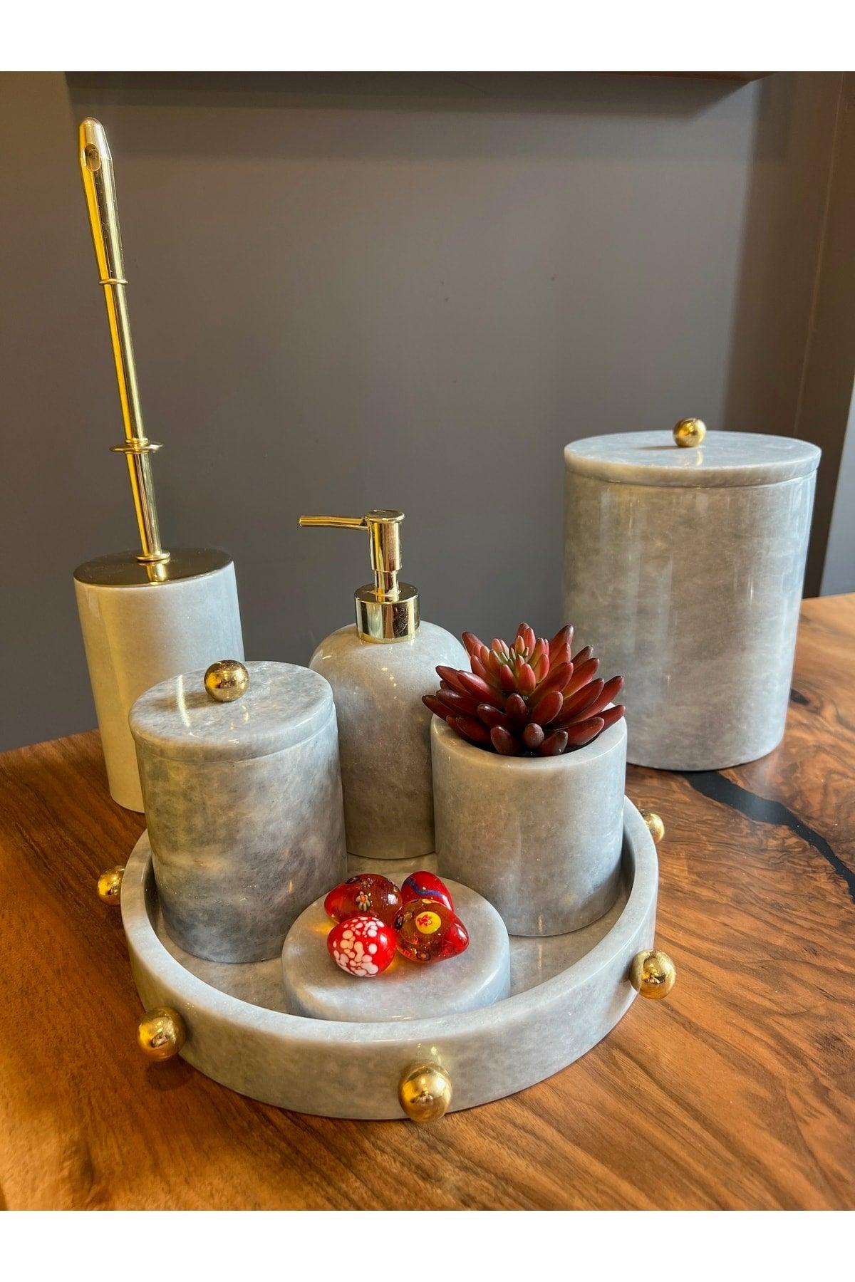 Decorative Gray Marble Gold Ball Cabaret Detailed 7 Pcs Bathroom Set - Swordslife