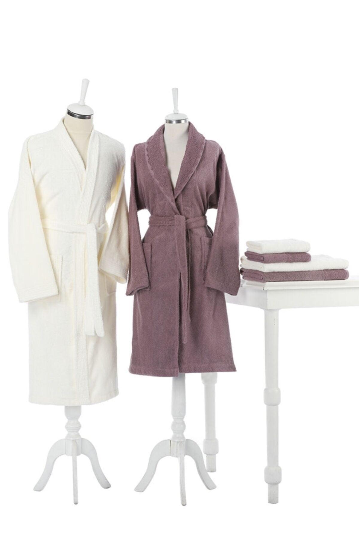 Orkide Guipure Family Bathrobe Set Cream (L), Plum (M) - Swordslife