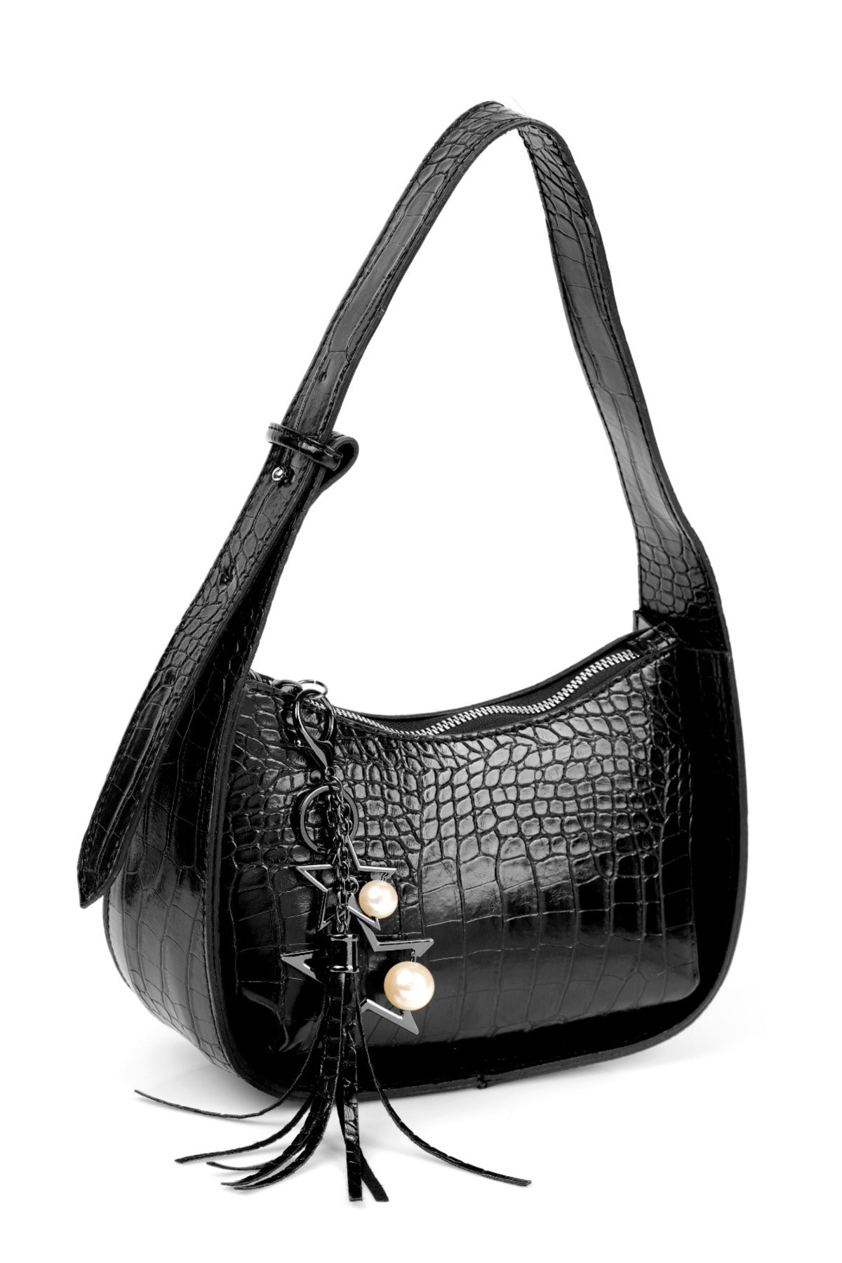 Women's Black Crocodile Patterned Nickel Alloy Star and Pearl Accessory Baguette Bag