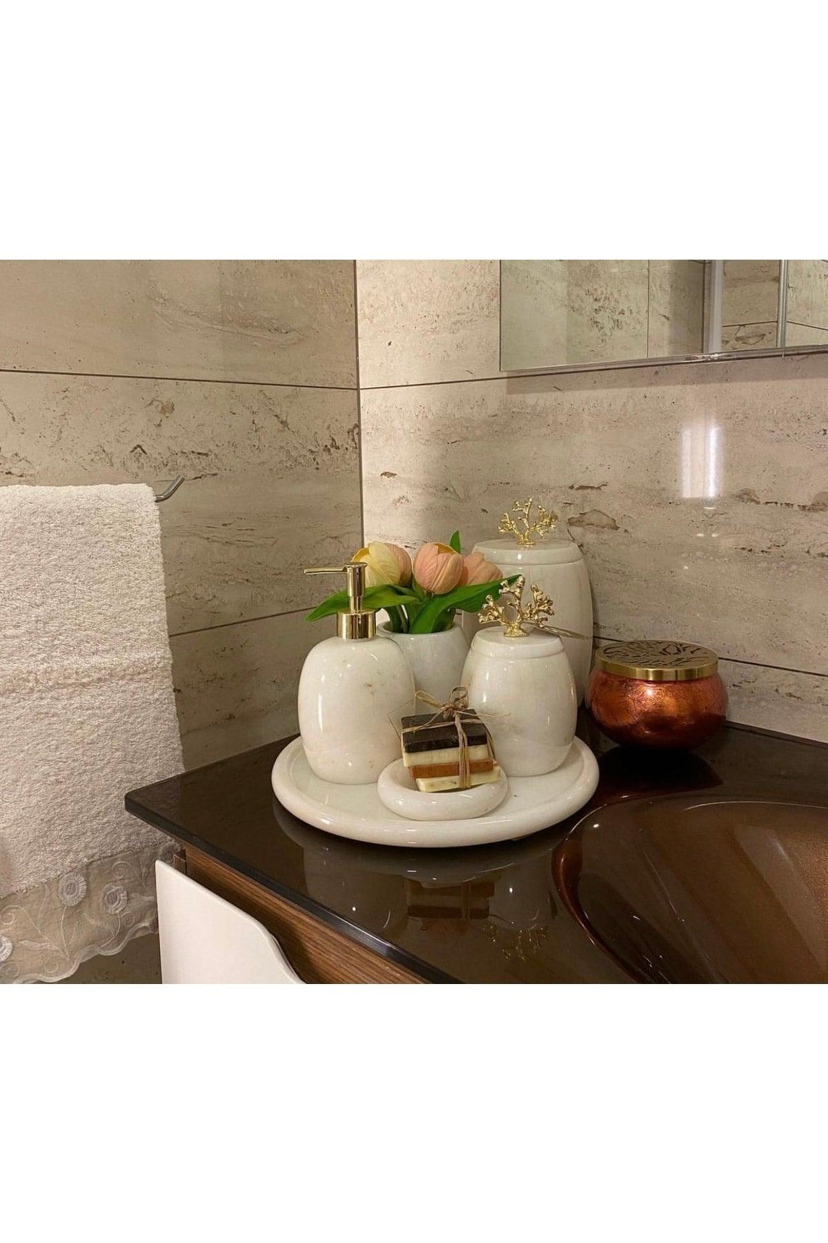 Decorative White Marble Bathroom Set Set 7 Li Gold Detailed Design Set - Swordslife