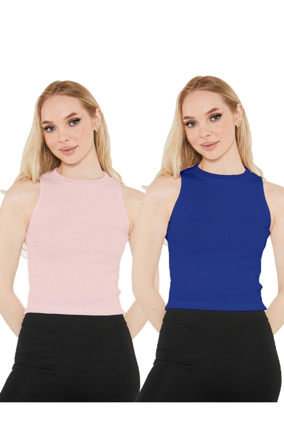 Women's Saxe Blue Powder Halter Neck 2 Piece Crop Blouse - Swordslife