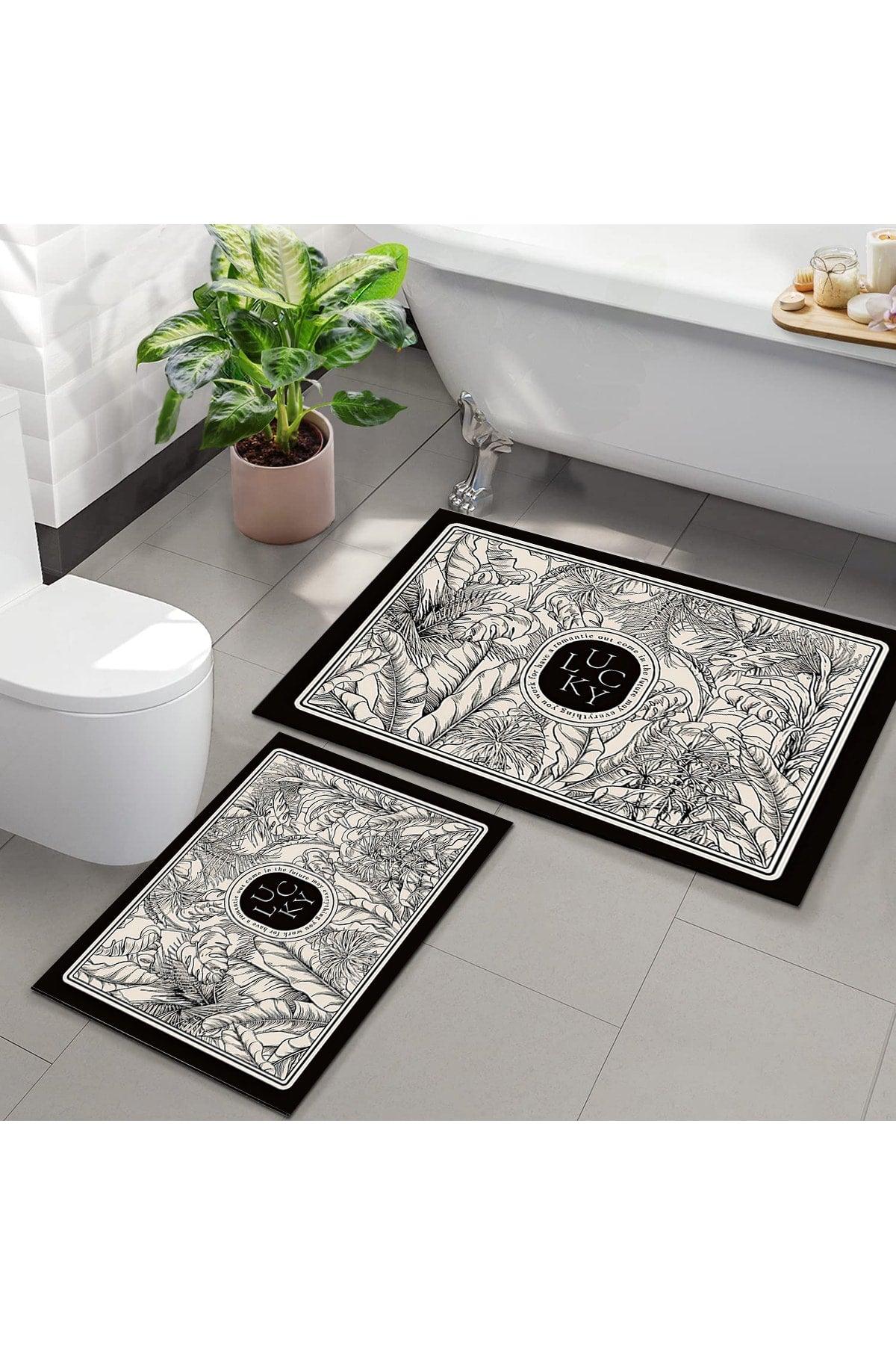 Else Decor Black and White Floral Washable Non-Slip Base 2 Bathroom Carpet Doormat Closet Set - Swordslife