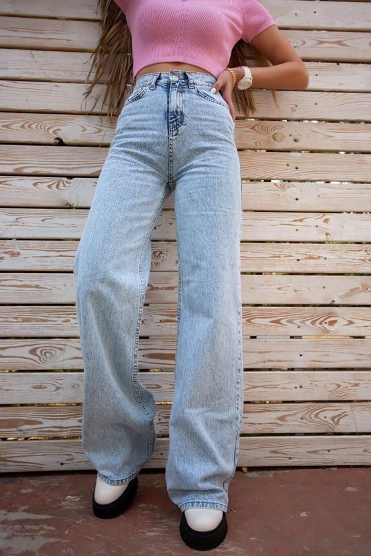 White Chocolate Ice Blue Snow Wash Lycra Super High Waist Loose Jean Palazzo Trousers - Swordslife