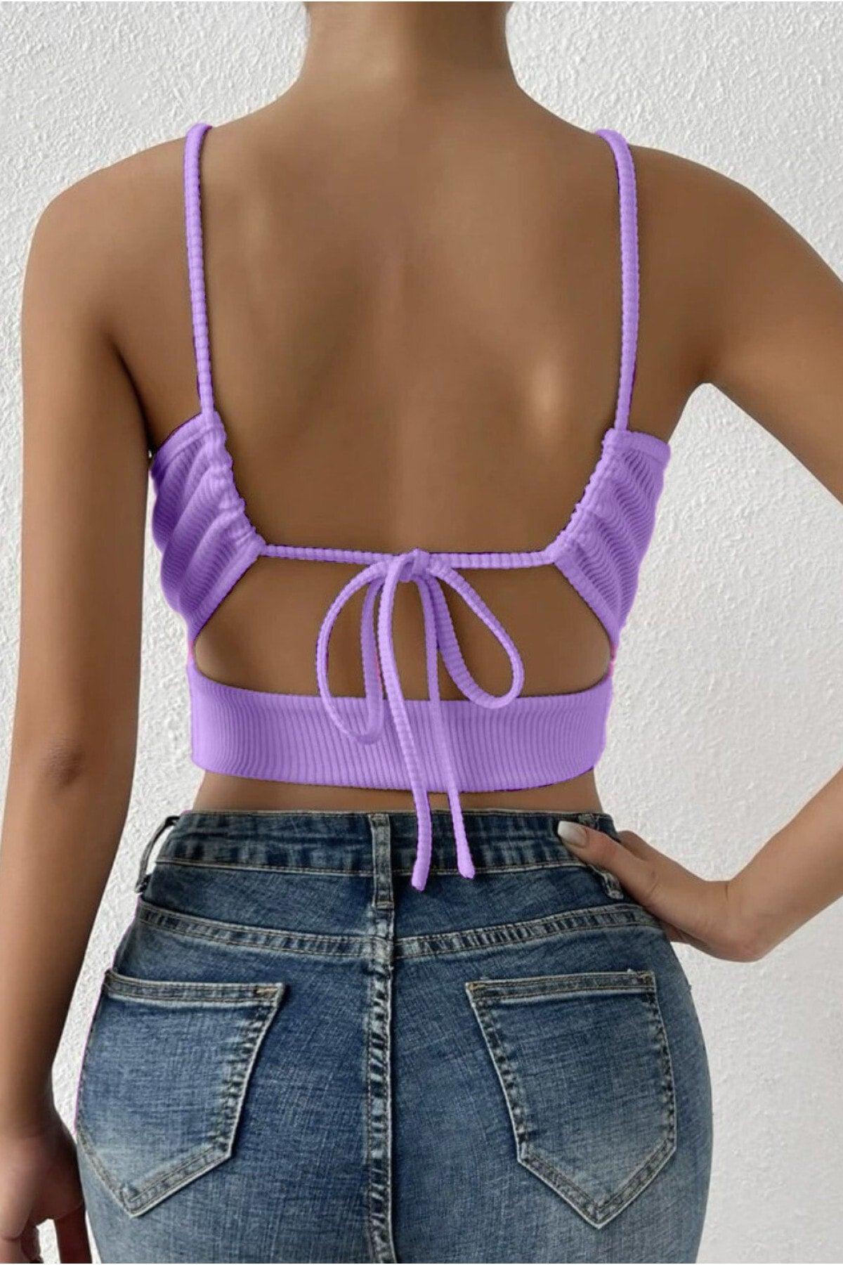 Women's Lilac Camisole Backless Belted Crop Top Blouse - Swordslife