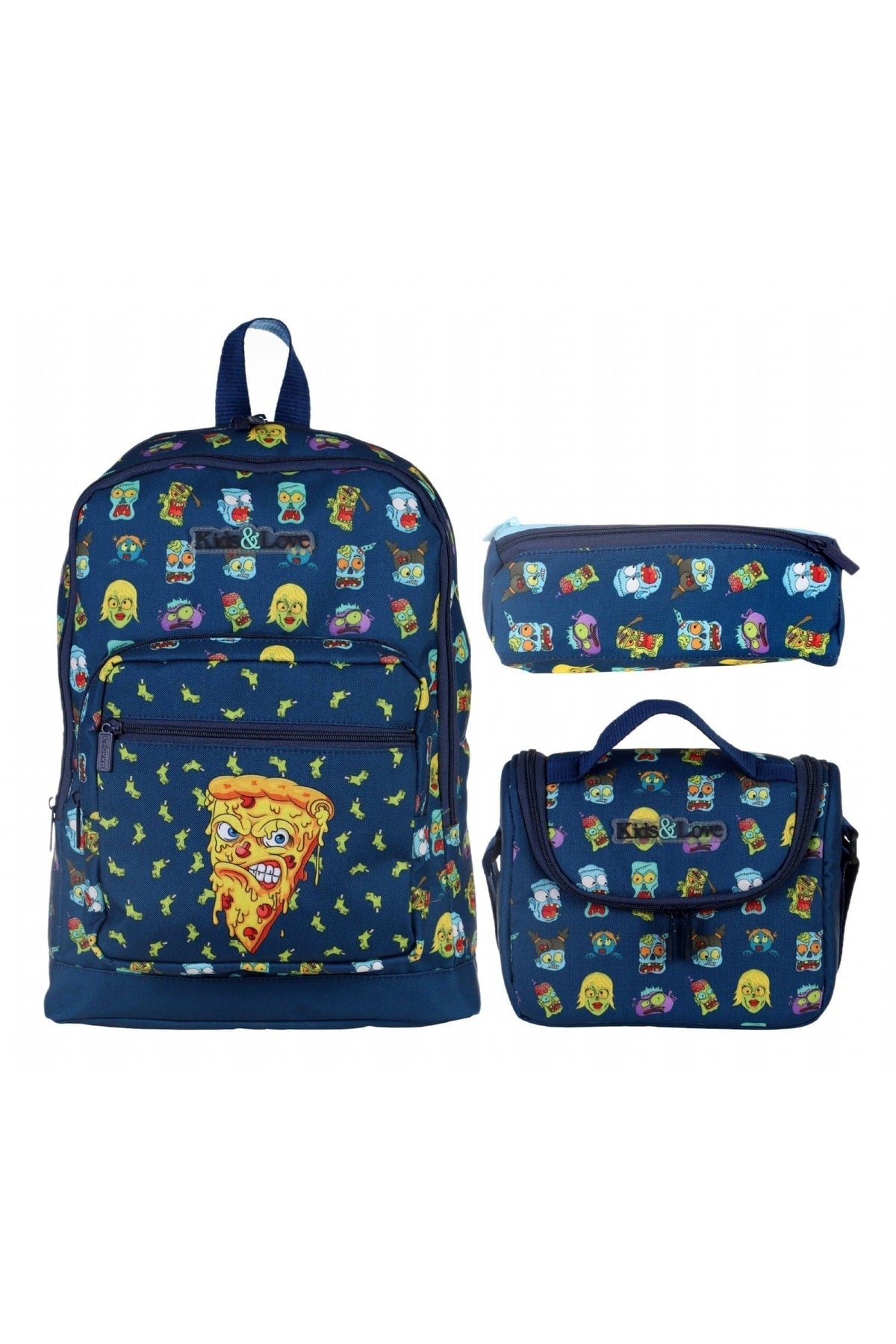 Kids&love Navy Blue Zombie Pizza Primary School Bag Set - Boys