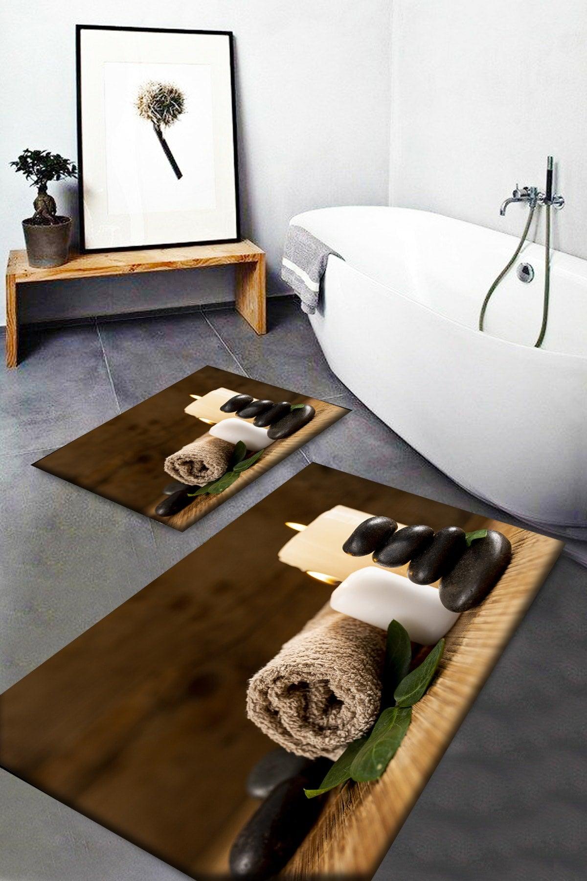 Spa Wax Patterned Washable Non-Slip Base 2 Pcs Bathroom Carpet - Swordslife