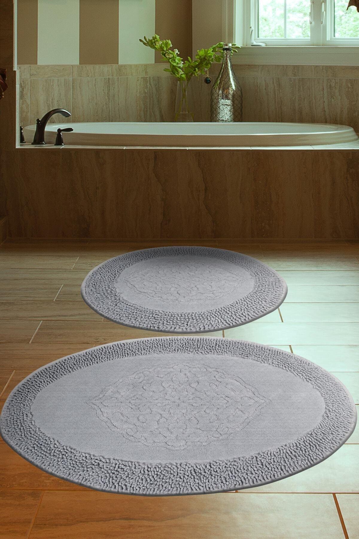 Tiffany Oval 2-Piece Cotton Toilet Seat Set Gray Bath Mat Set - Swordslife