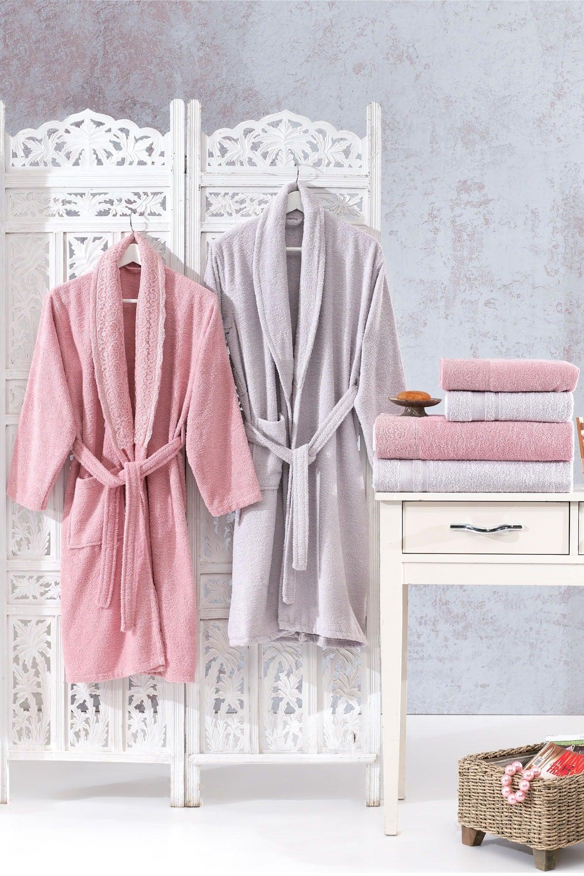 Family Lacy Powder & Lilac Family Bathrobe Set 6 Pieces Dowry Women Men Bathrobes Bath Towel Set - Swordslife