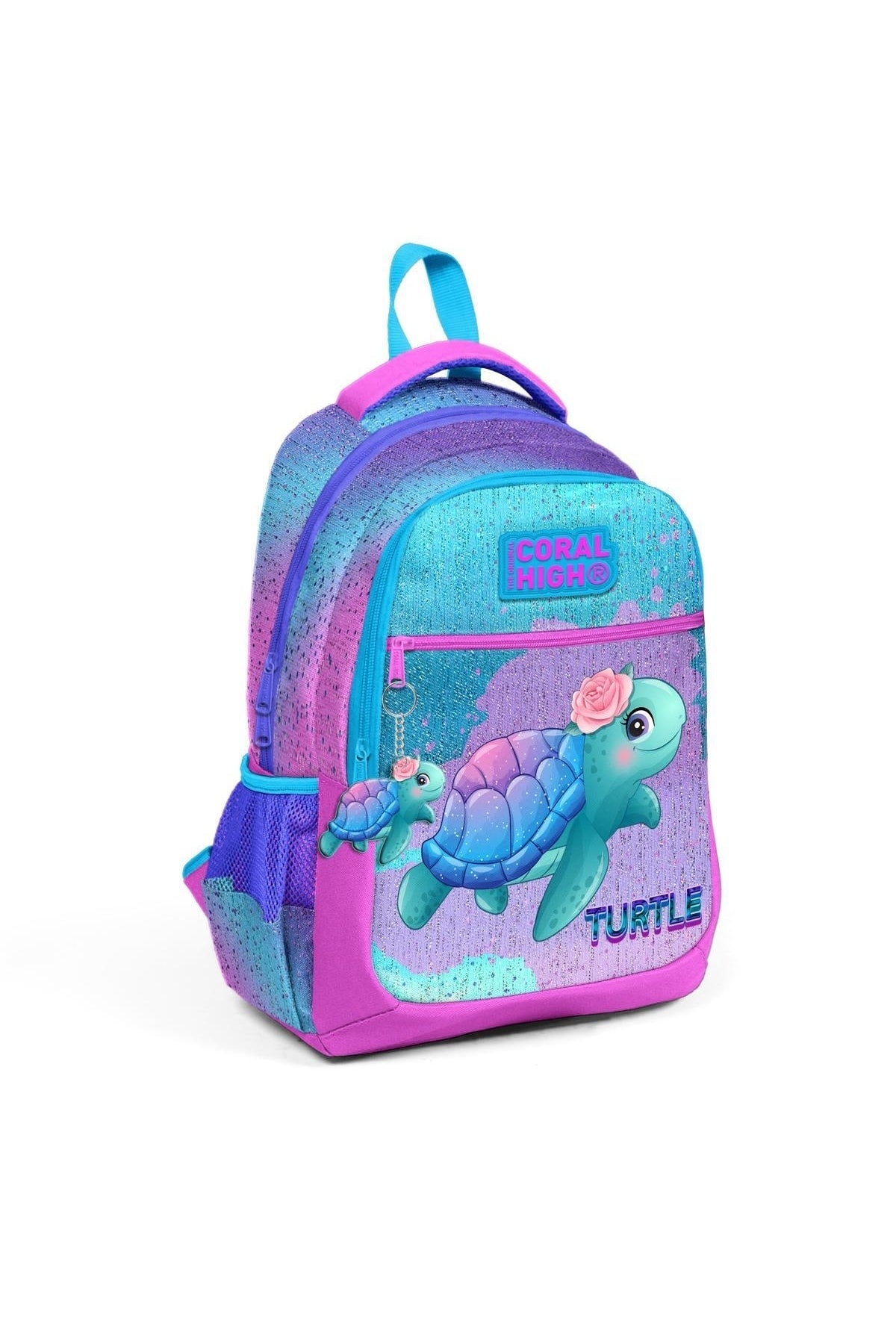 Kids Light Pink Blue Tortoise Pattern Three Compartment School Backpack 23497