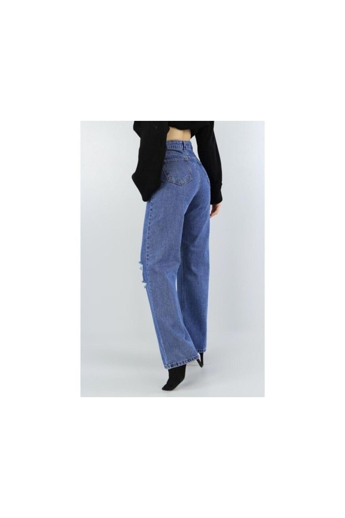 Blue Ripped Palazzo Jeans Denim Trousers - Swordslife