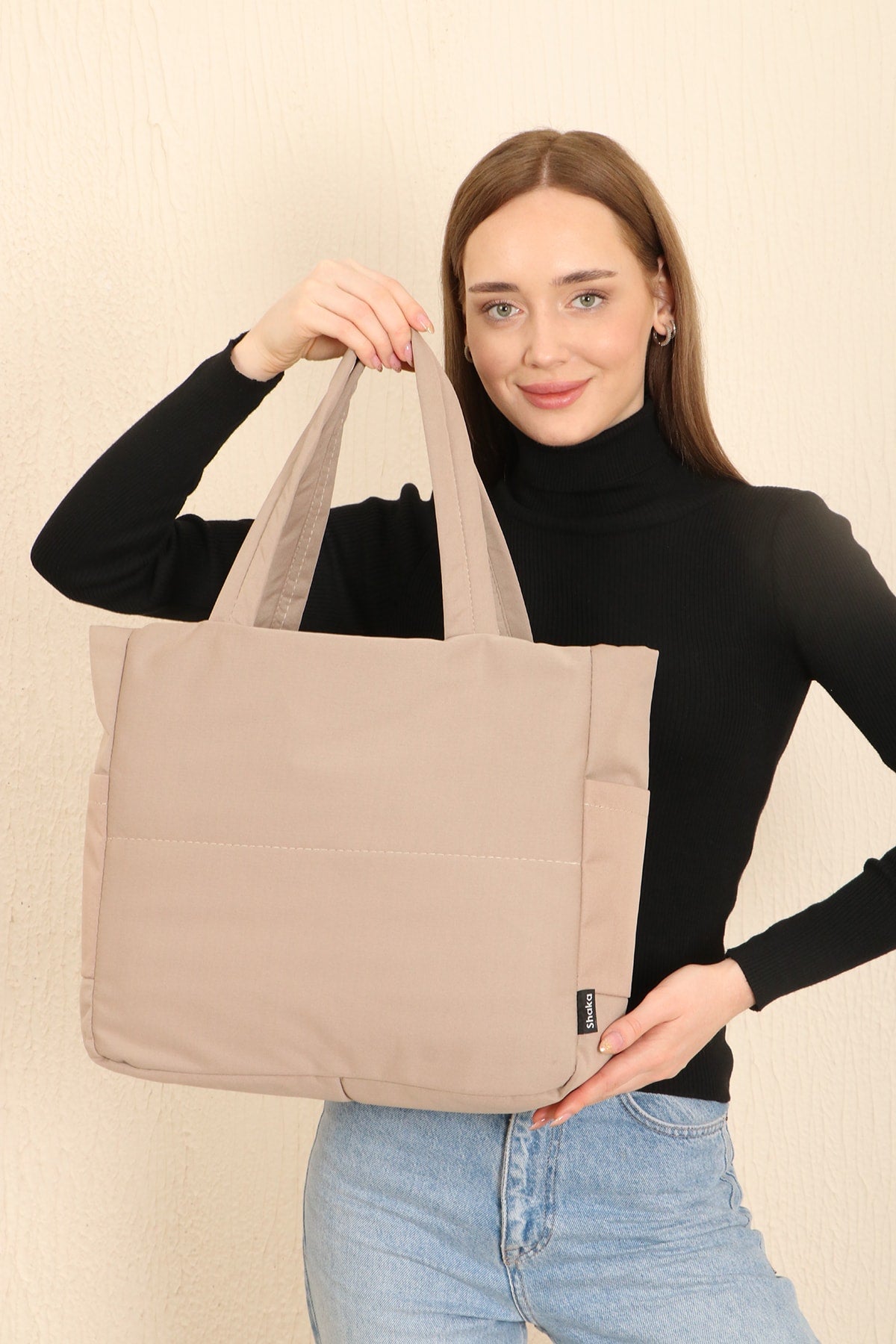 Beige U25 3-Compartment Side 2 Pocket Detailed Zipper Closure Canvas Women's Arm And Shoulder Bag B:35 E:35 G:1