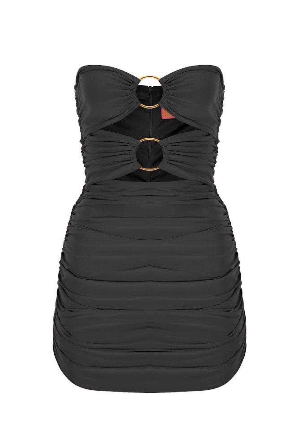 Black Bust Gold Two-Ring Ruffle Strapless Draped Mini Evening Dress - Swordslife