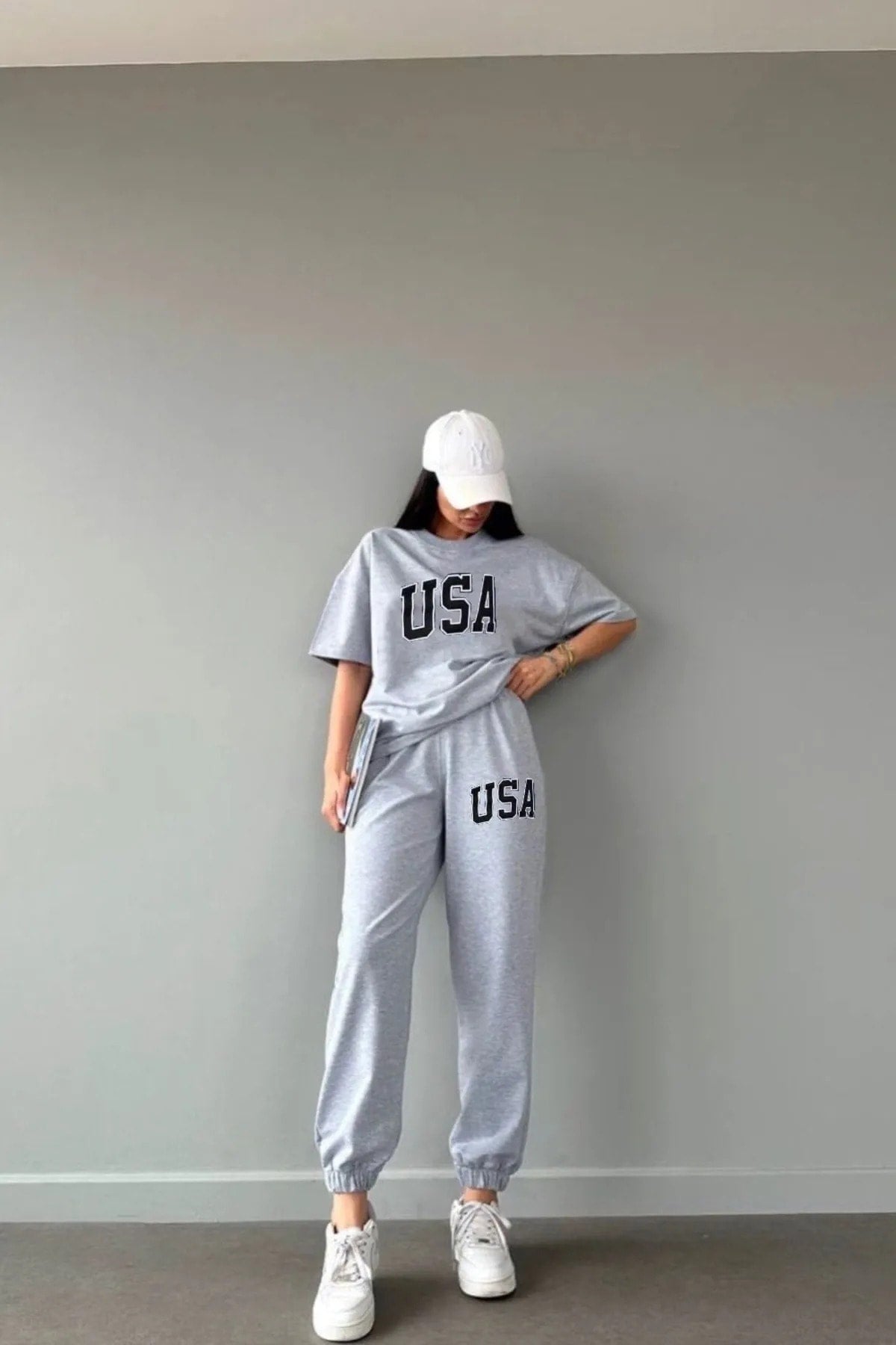 Usa T-shirt Sweatpants Jogger- Gray Printed Bottom Top Tracksuit Suit Oversize Crew Neck