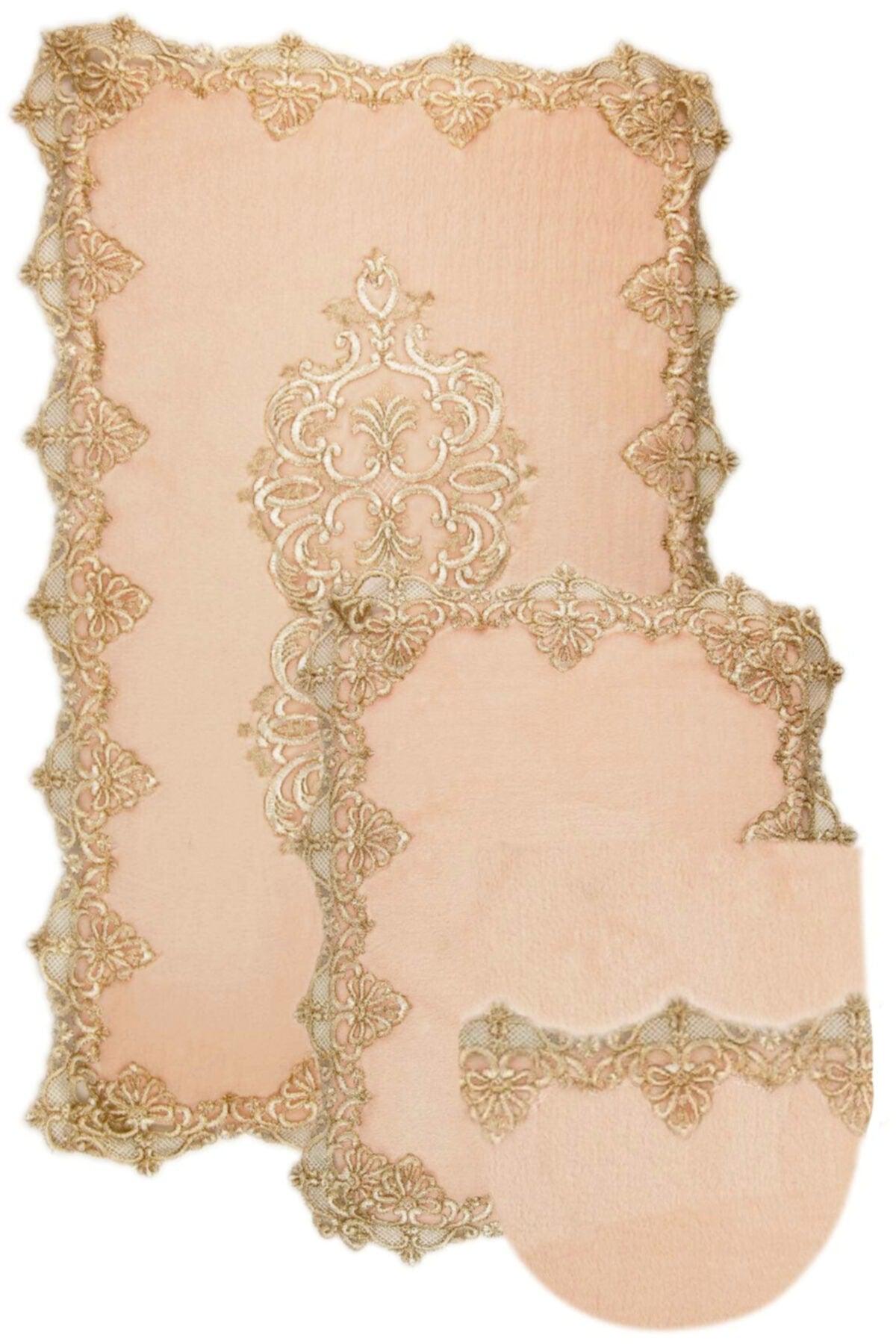 Powder Gold Palace 3-piece Dowry French Lace Applique Closet Set Bath Mat Set - Swordslife