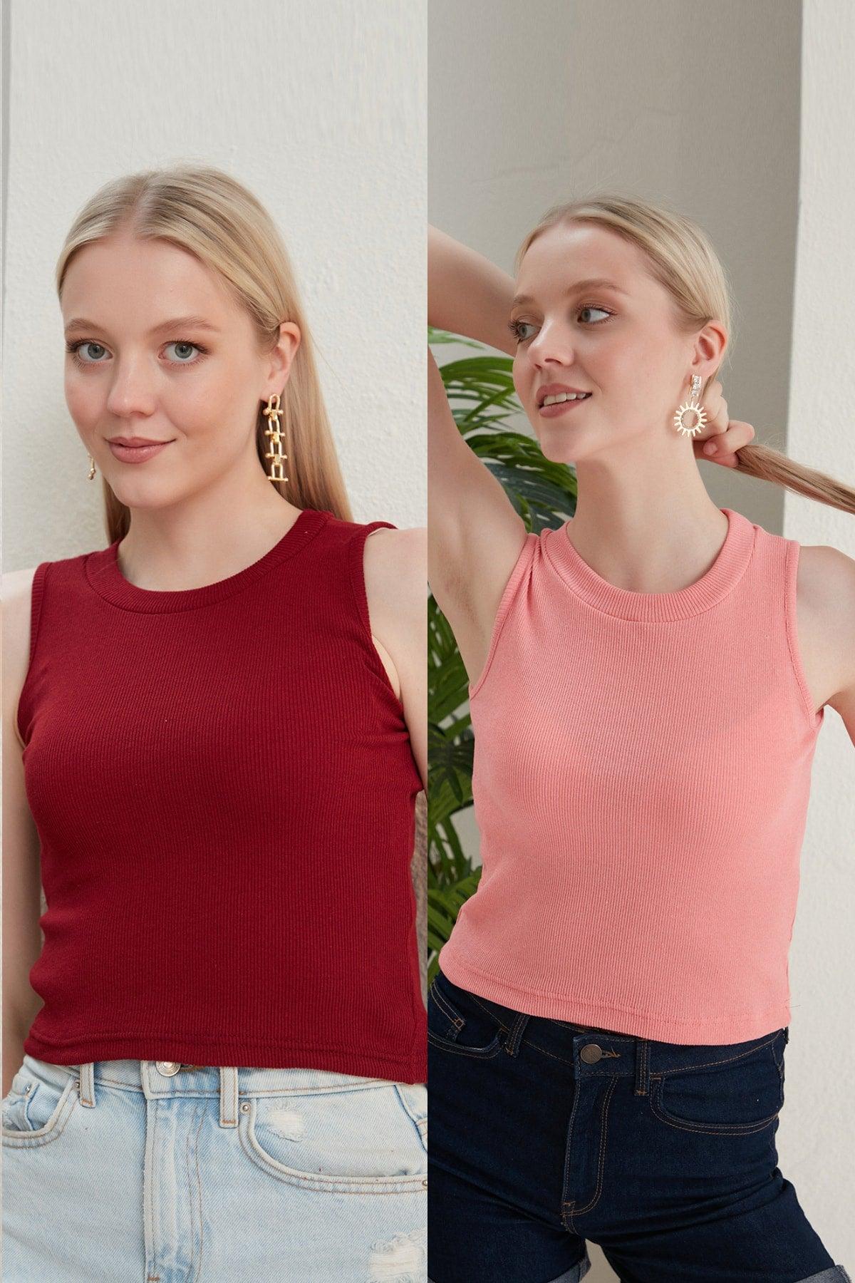 Women's Burgundy Powder Halter Neck 2 Piece Crop Blouse - Swordslife