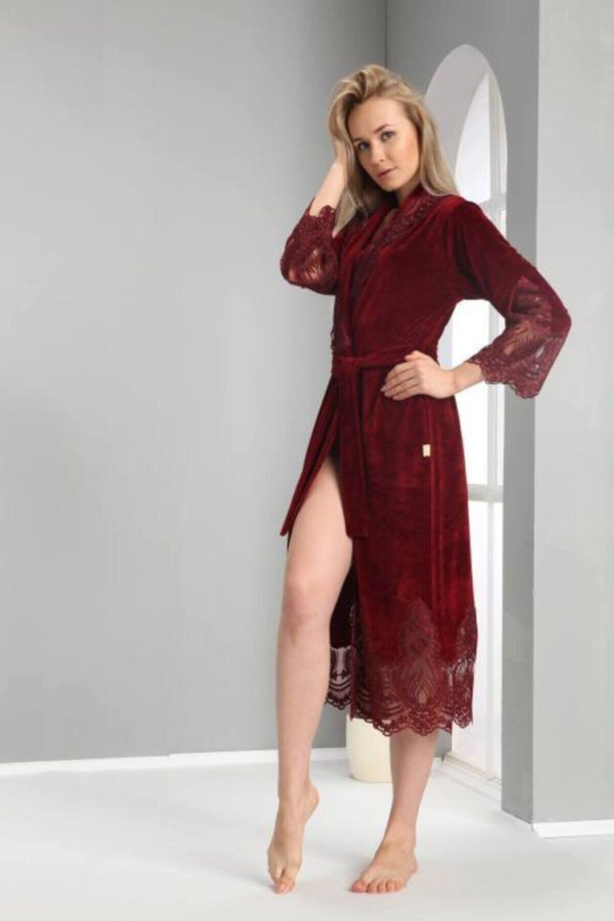 Women's Claret Red Lace Bambo Cotton Bathrobe - Swordslife