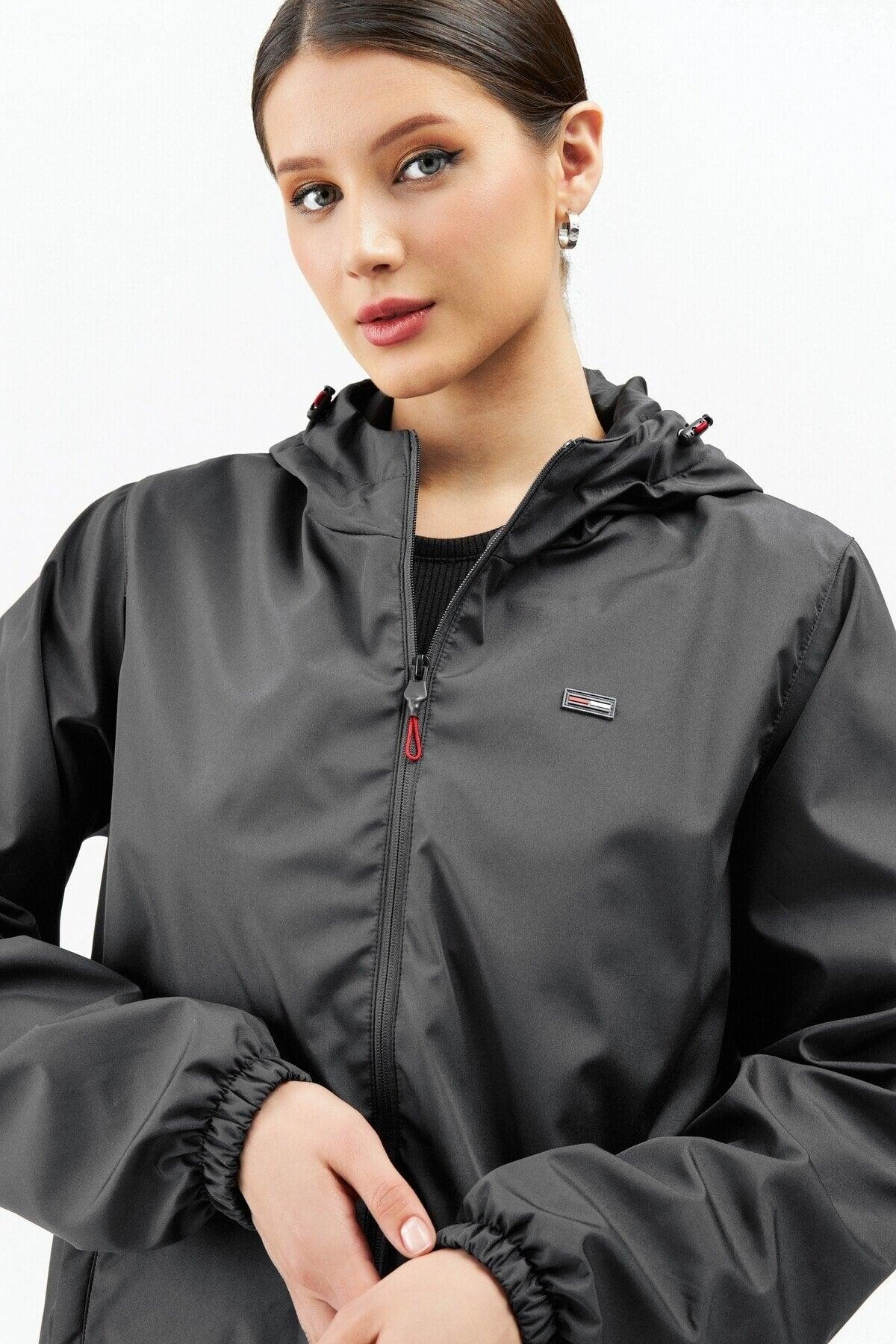 Women's Anthracite Inner Lined Waterproof Hooded Raincoat with Pocket - Windbreaker Jacket - Swordslife