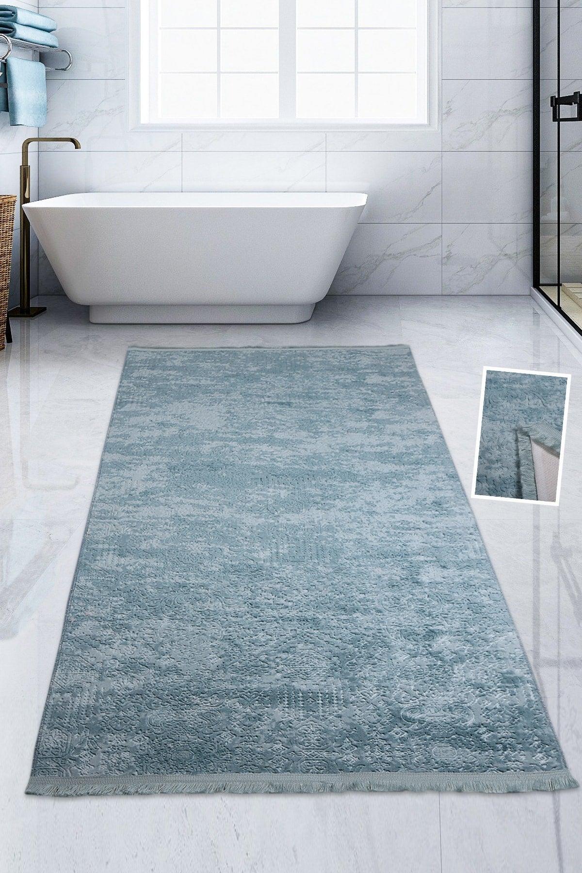 Nova Blue 80x150 Cm Cotton Non-Slip Base Plush Bath Mat Large Fringed Bathroom Rug - Swordslife