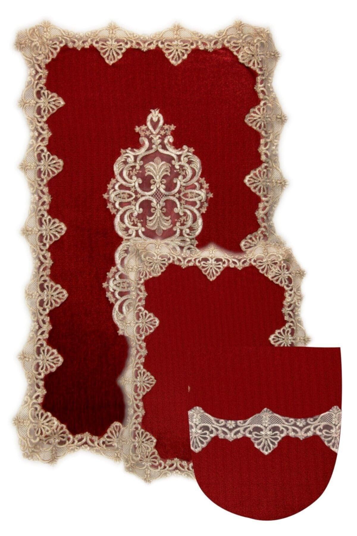 Claret Red Gold Palace 3-piece Dowry French Lace Applique Closet Set Bath Mat Set - Swordslife