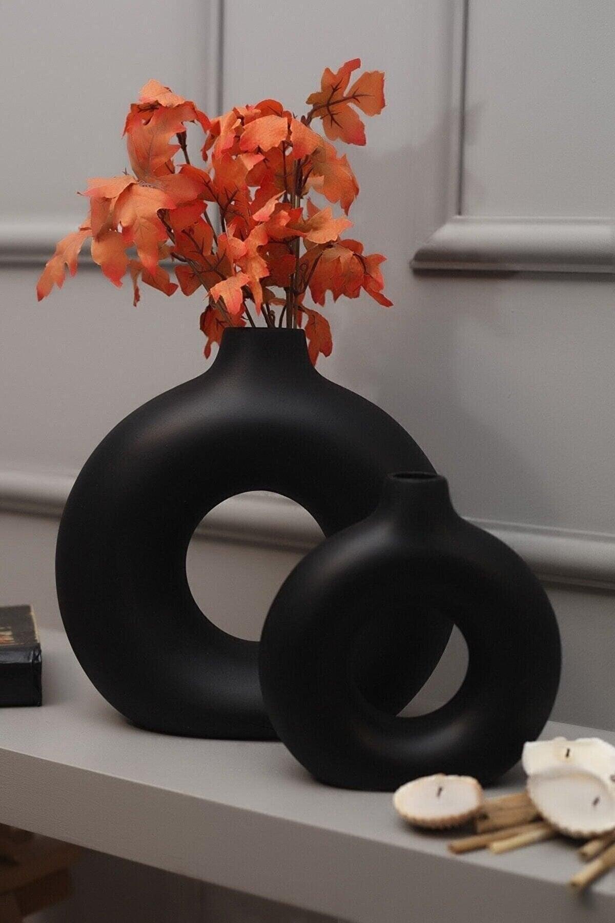 Decorative Ceramic - Glossy Black 2 Ring Vase Bohemian Set - Swordslife