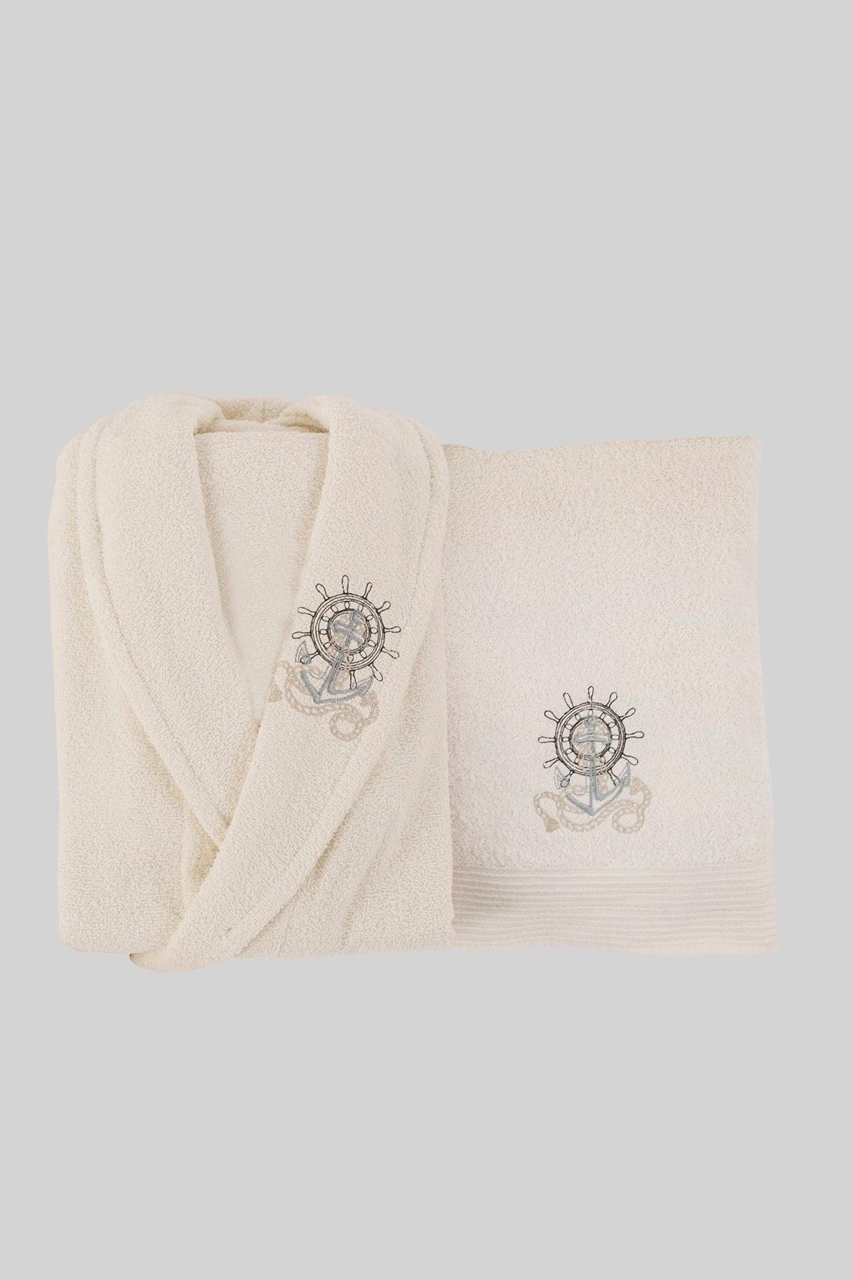 100% Cotton 2 Pieces Cream Single Bathrobe Set - Swordslife