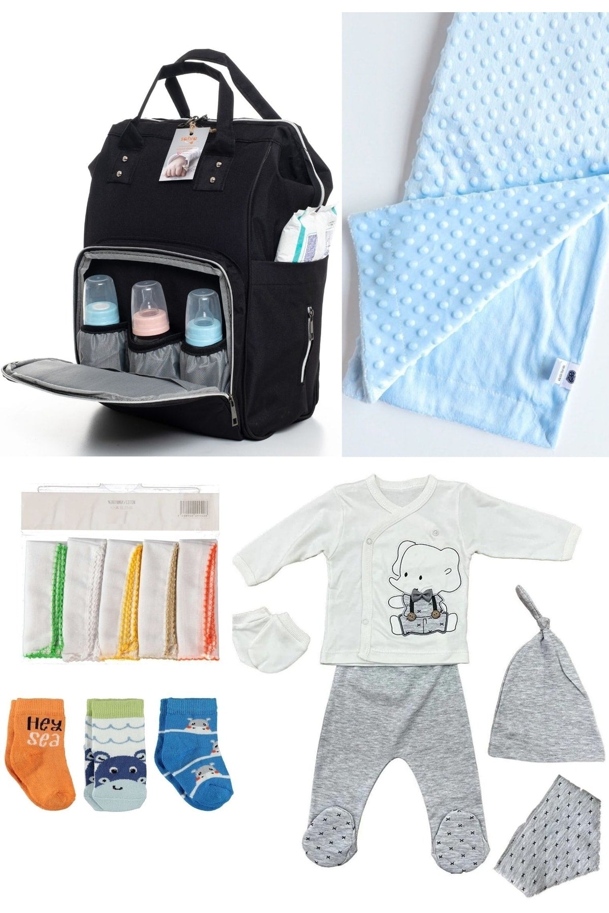 5 Piece Maternity Set (Baby Care Backpack, Hospital Exit, Chickpea Blanket, 10 Wipes and 3 Socks)