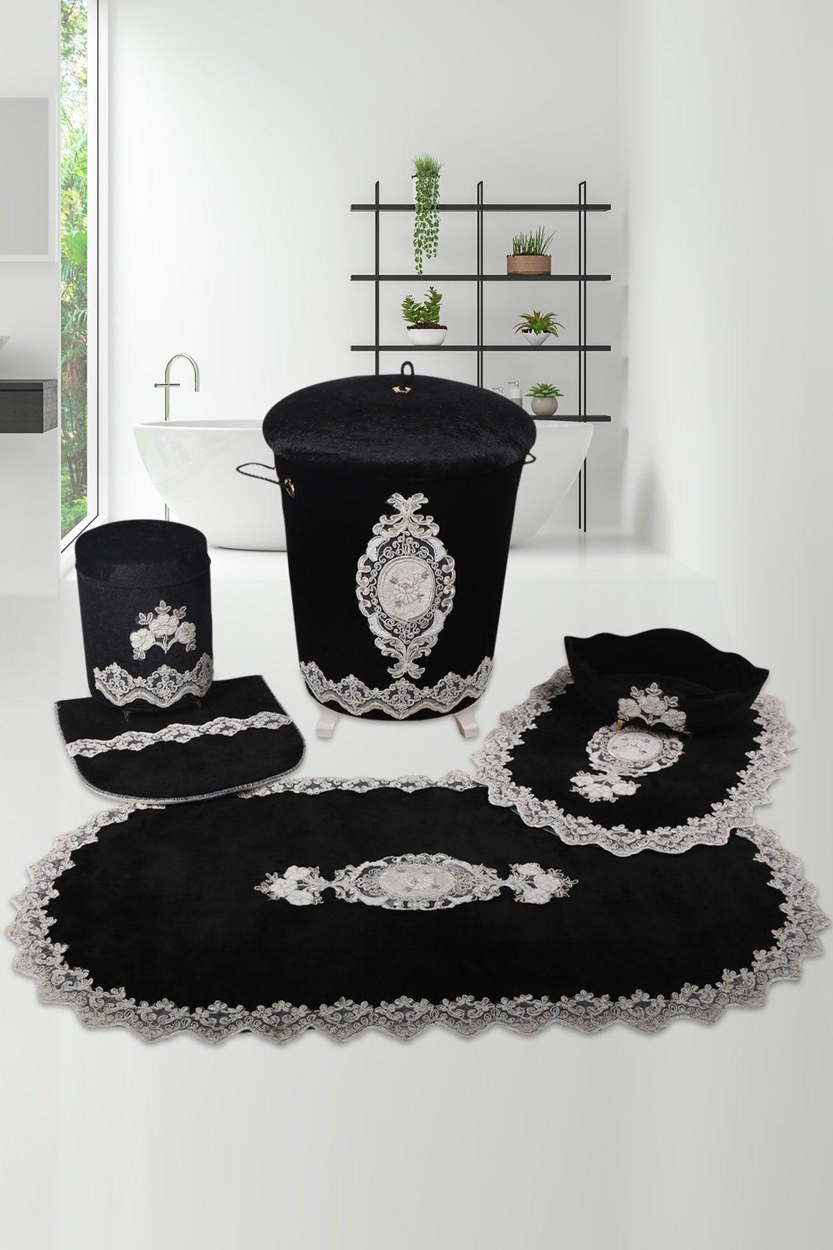 Black Lisa Dowry Bathroom Dirty Laundry Basket and Bath Mat Set 6 Pieces - Swordslife