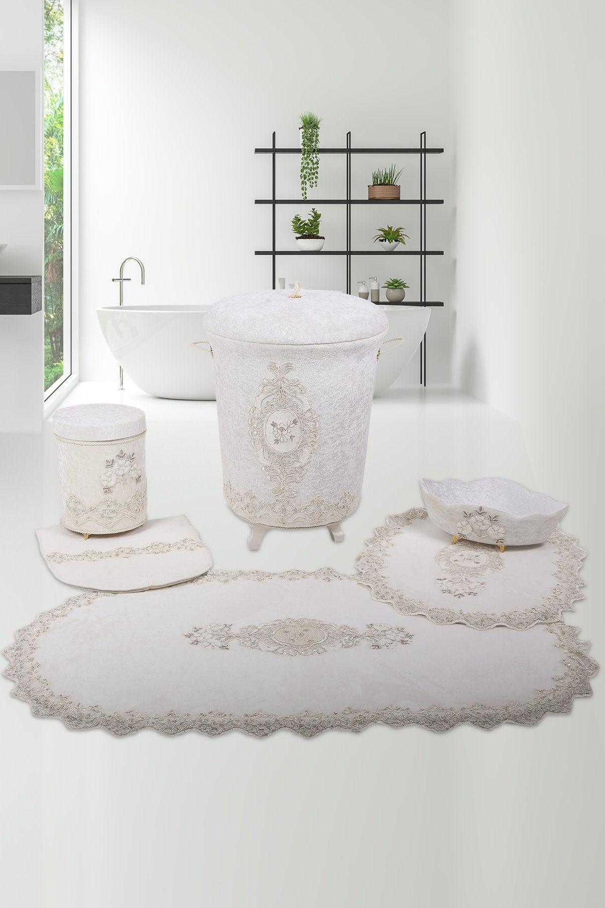 Lisa Cream 6 Piece Lacy Bathroom Dirty Laundry Basket Set Bath Mat Set - Swordslife