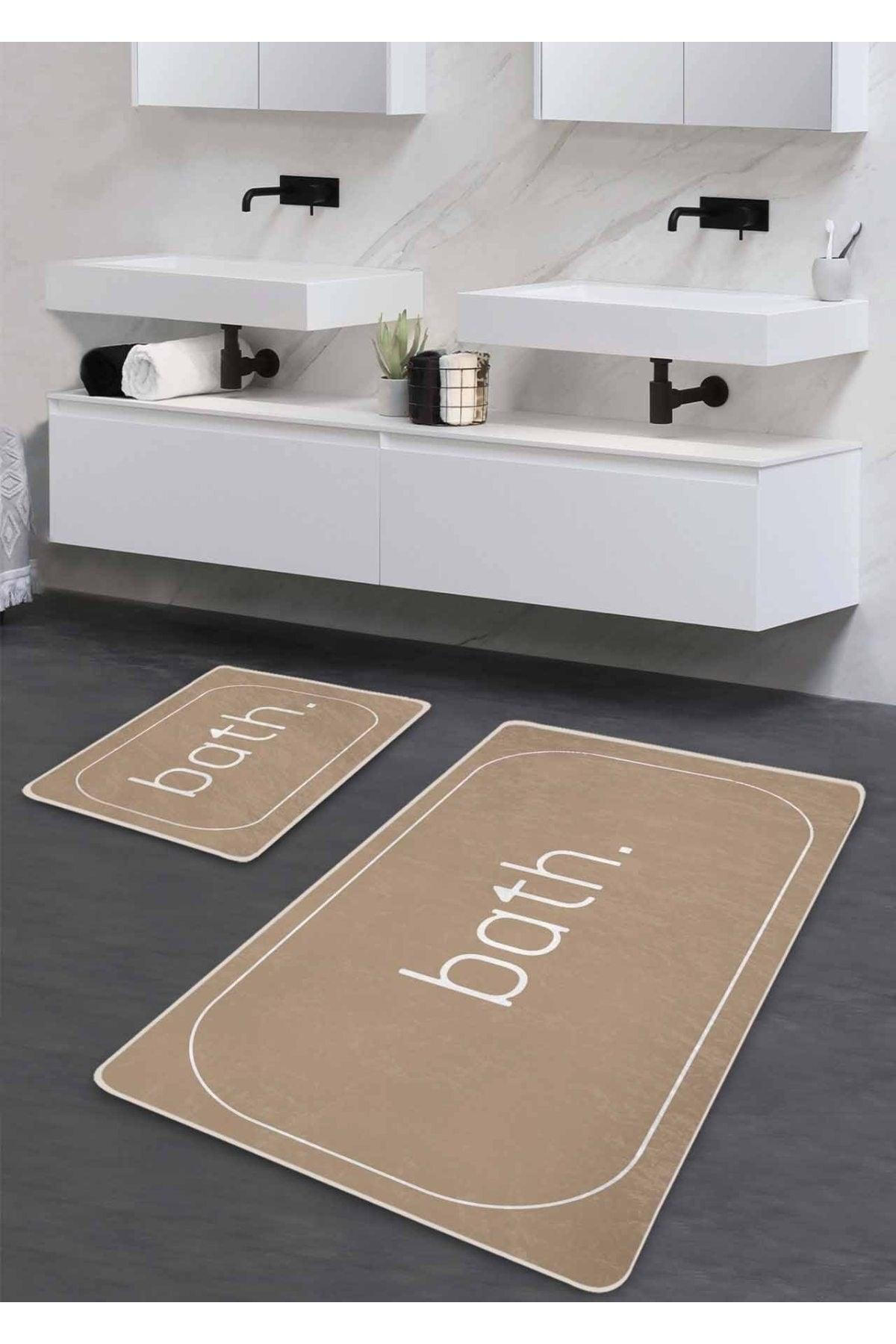 Non-Slip Base Washable Double Bath Mat - Beige Bath Patterned 60*100 Cm - 50*60 Cm - Swordslife