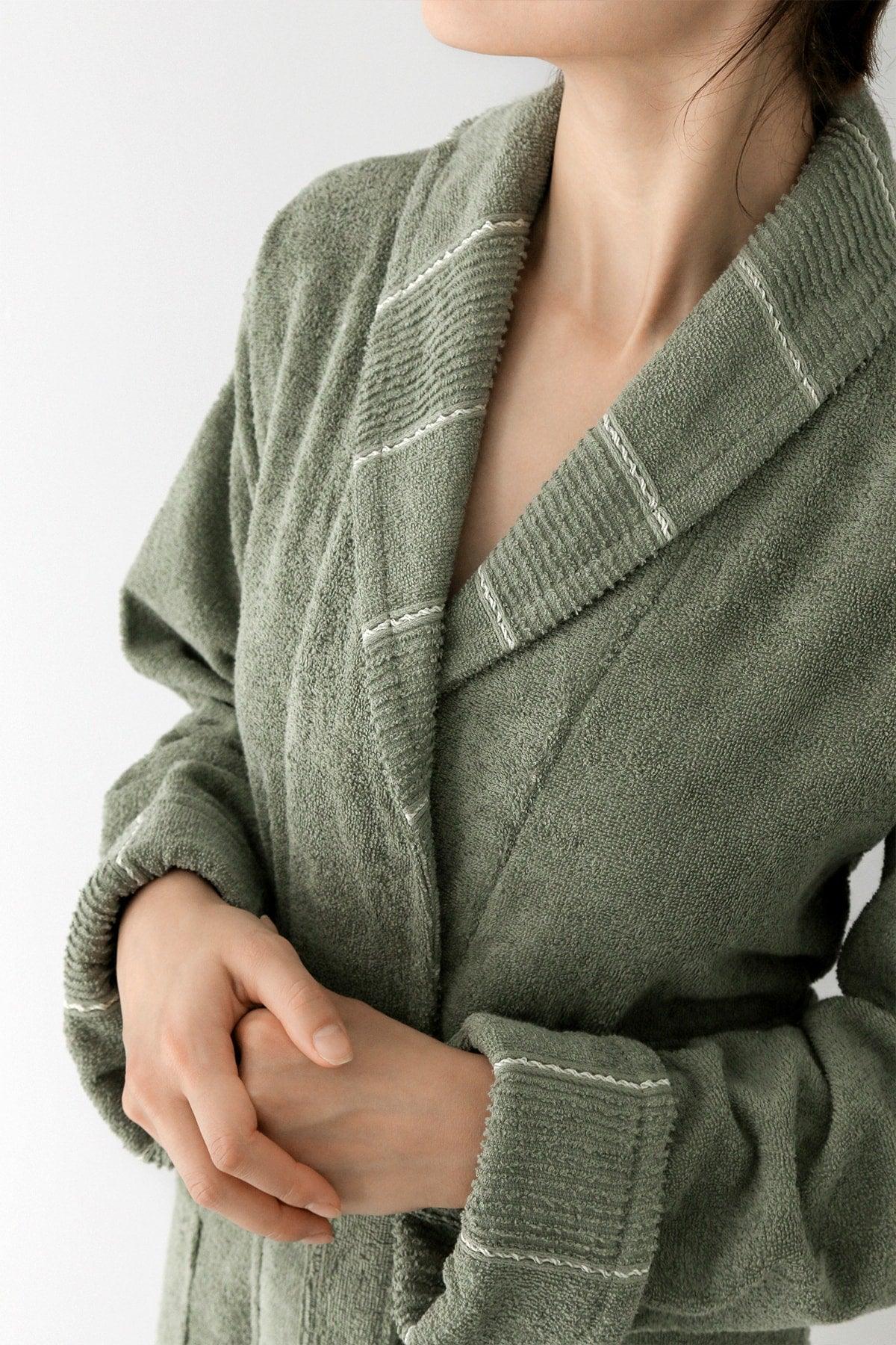 Carmine Robe Olive - Extra Soft, Modern And Special Design 100% Cotton Unisex Salyaka Bathrobe - Swordslife