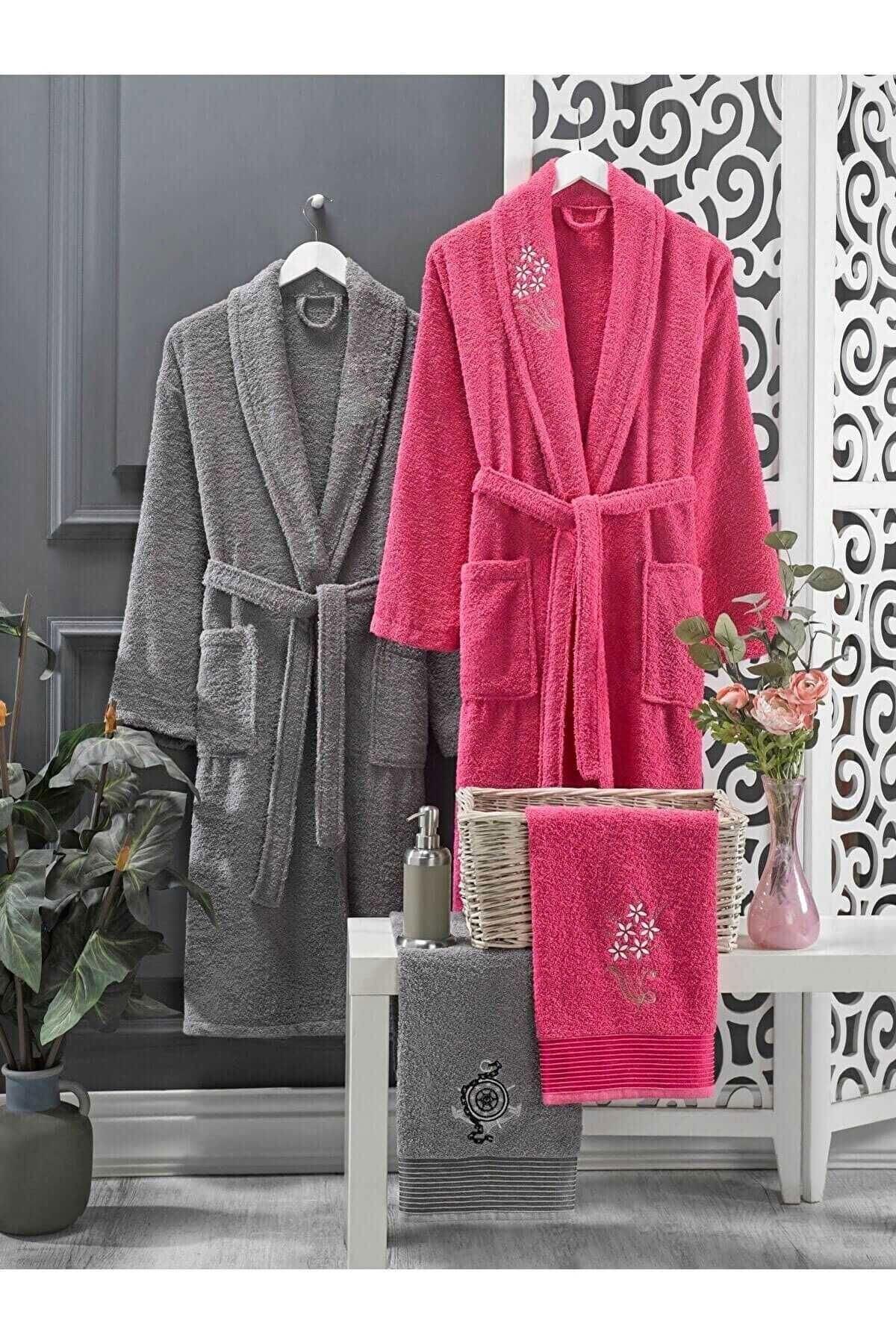 4 Piece Family Bathrobe Set Women Men Towel Bathrobe Set Fuchsia Gray - Swordslife