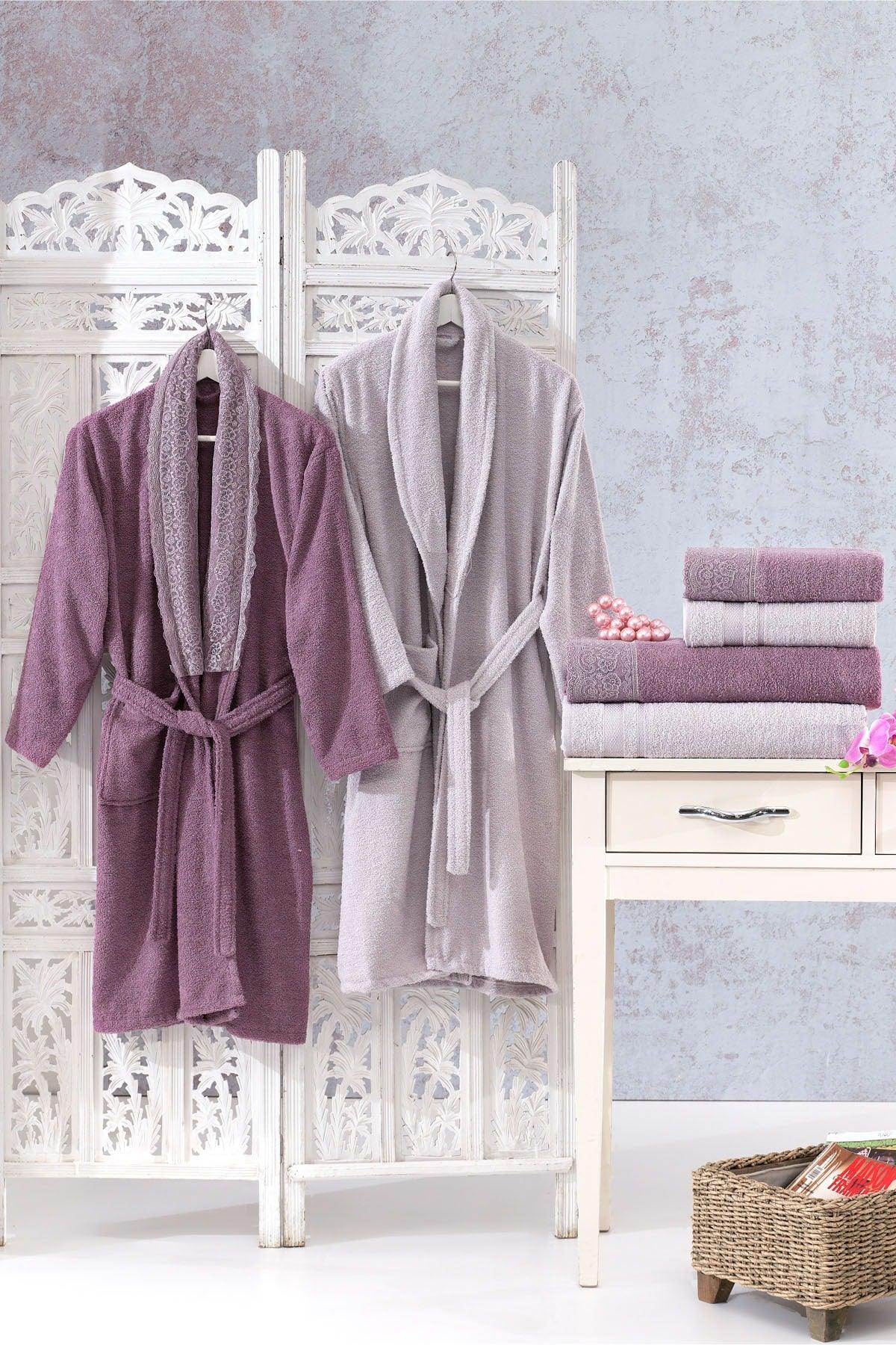 Family Lace Purple & Lilac Family Bathrobe Set 6 Pieces Dowry Women Men Bathrobes Bath Towel Set - Swordslife