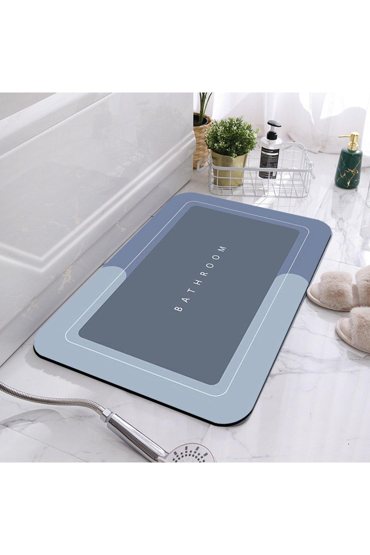 Else Blue Bathroom Written Pattern Washable Non-Slip Base Single Bath Mat Rug - Swordslife