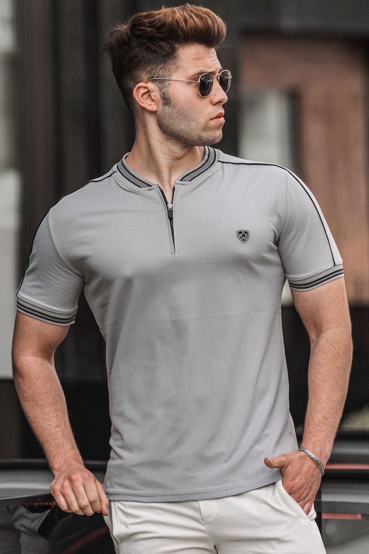 Men's Gray Polo Neck T-Shirt 9281