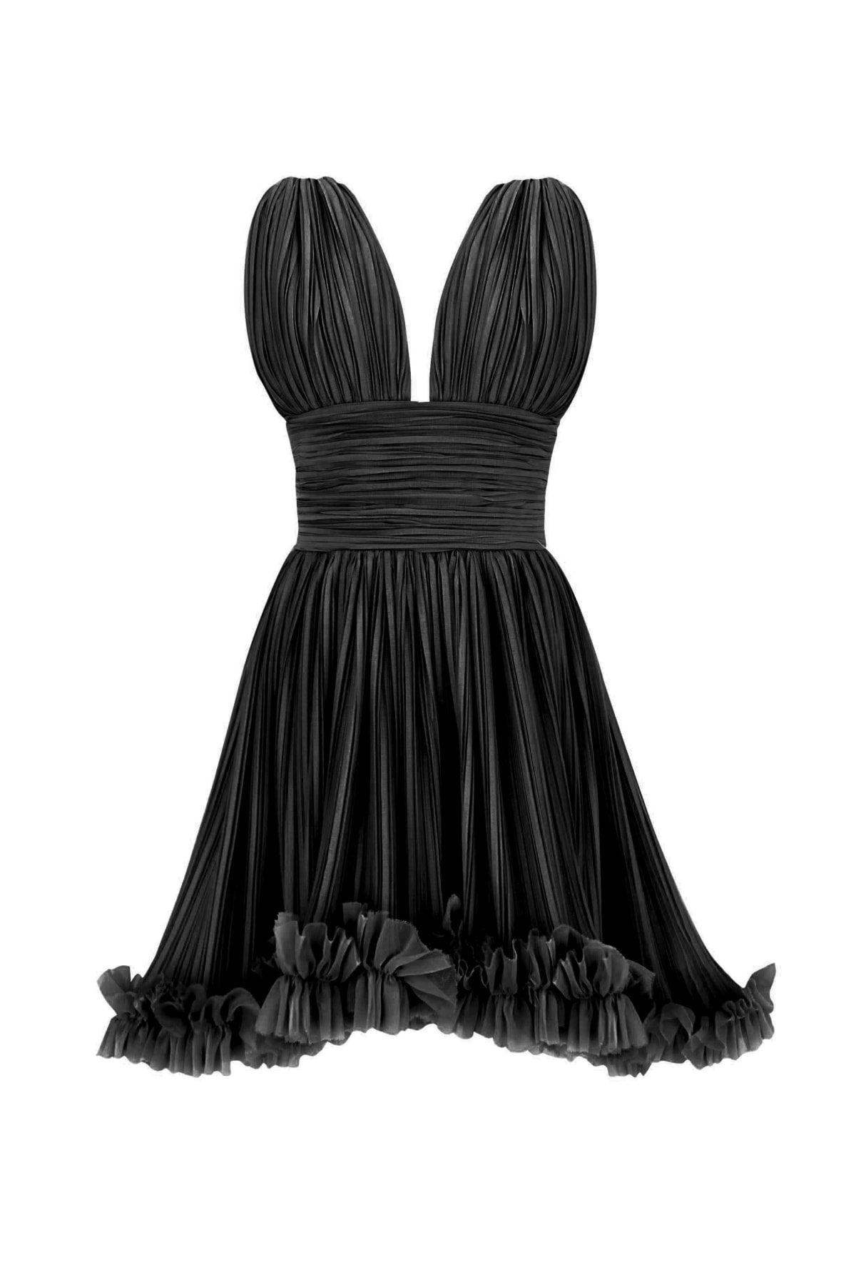 Lotus Black Pleated Chiffon Frilly Mini Dress - Swordslife