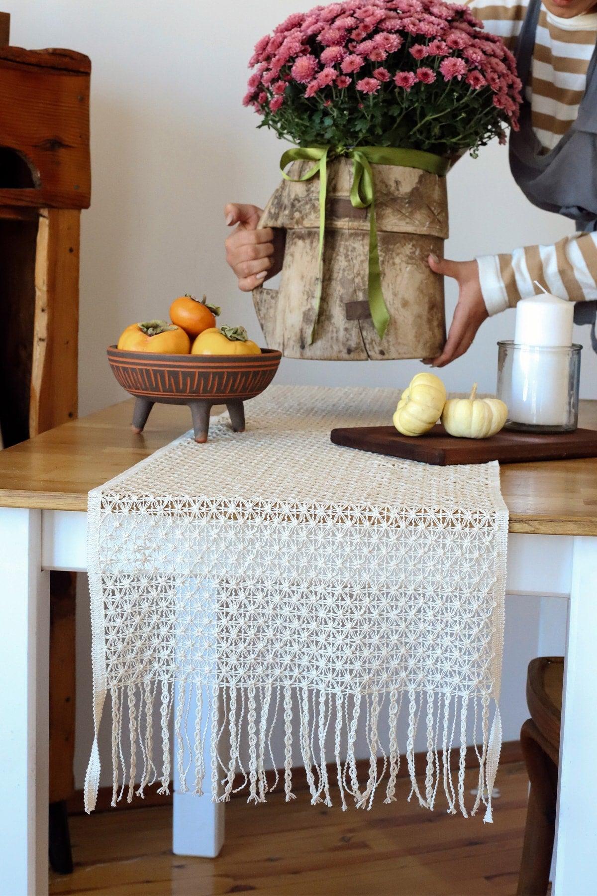 Runner Tablecloth Raw Cotton Knitted Lace Fringed Cream 37x150 Cm - Swordslife