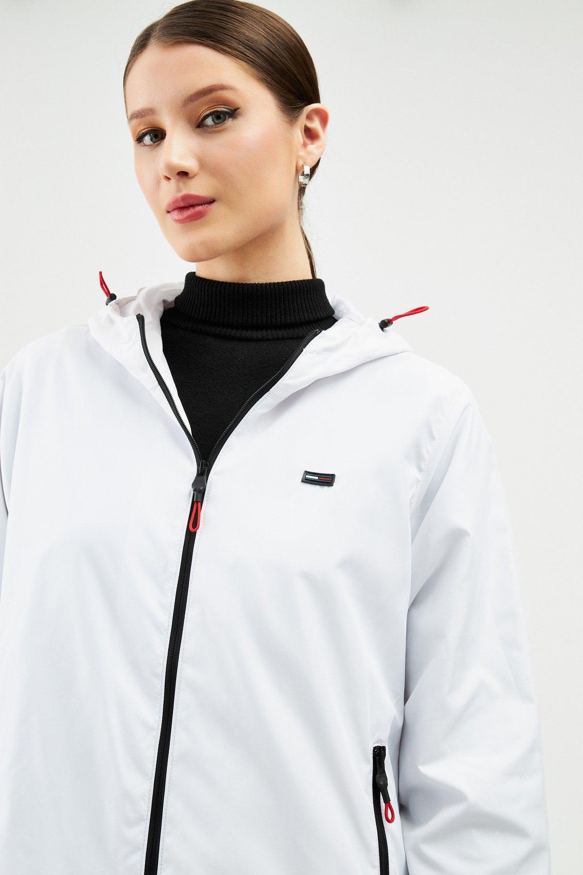 Women's White Inner Lined Waterproof Hooded Raincoat with Pocket - Windbreaker Jacket - Swordslife