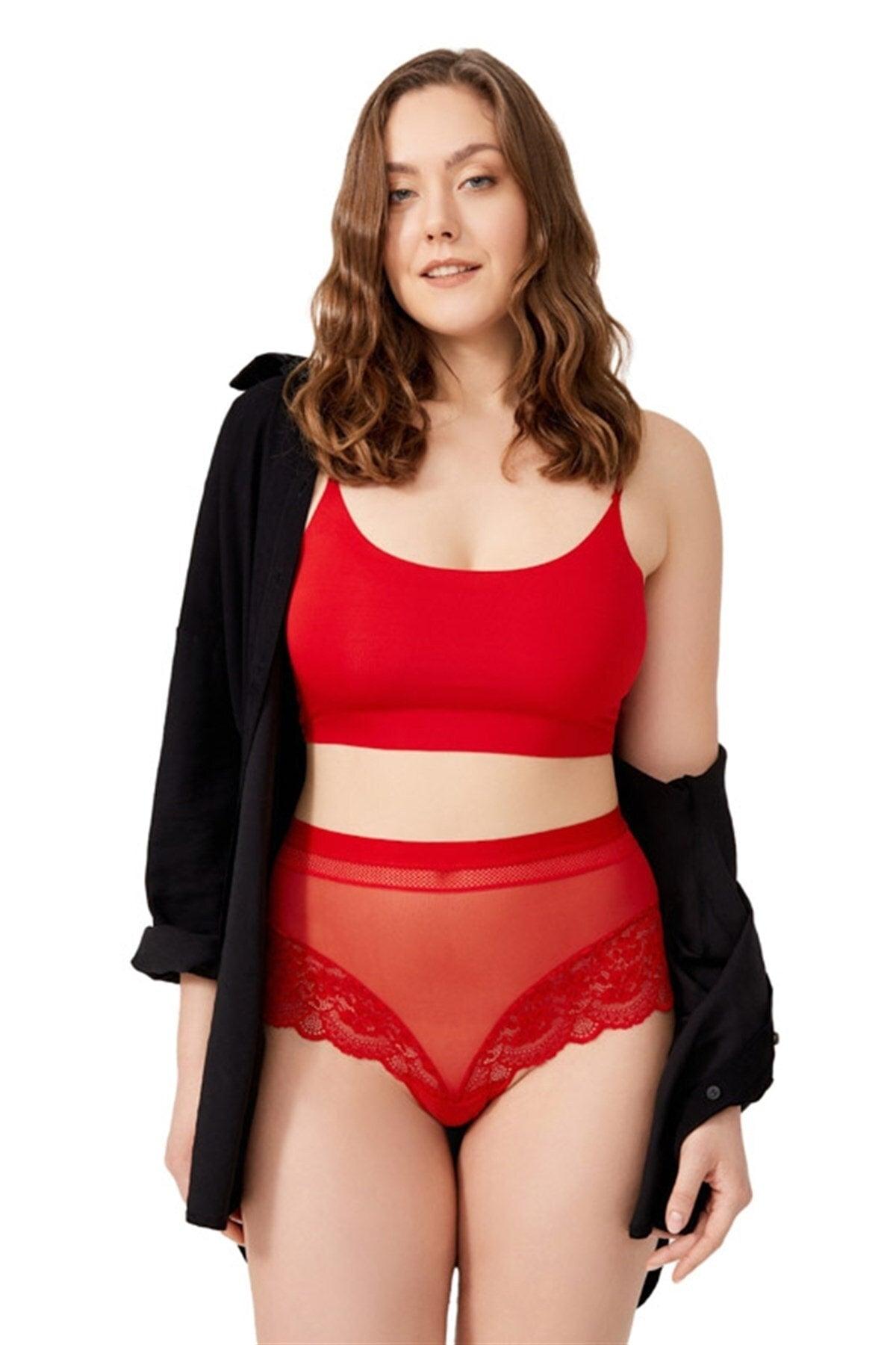 Red Lace Detailed Transparent Plus Size Bikini Panties - Swordslife