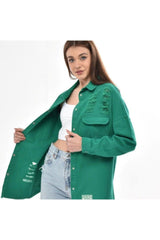 Women's Green Boyfriend Oversize Worn Denim Jeans Denim Jacket A36-011 - Swordslife