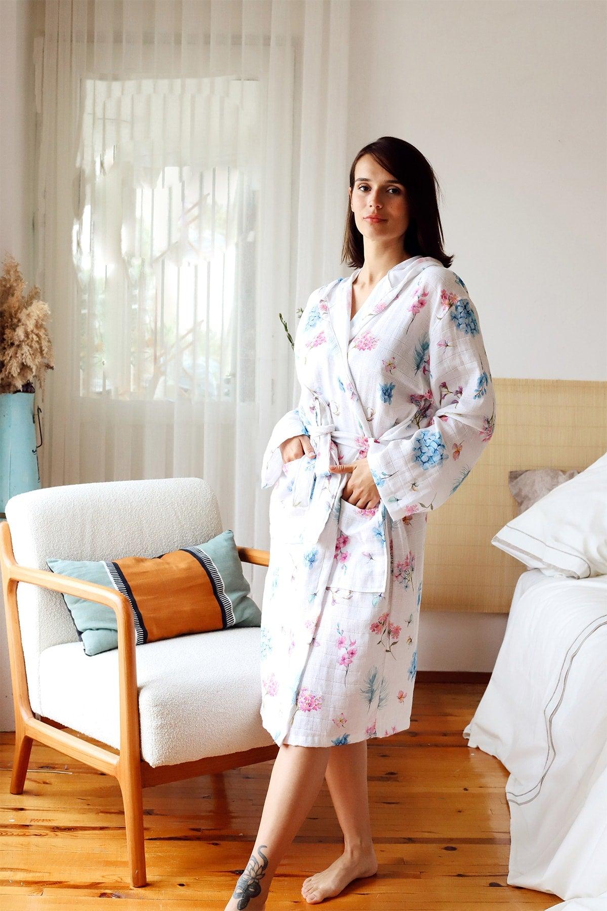 Adult Patterned Muslin Bathrobe, Special Design 100% Cotton 2 Layers Double Sided Hooded - Swordslife