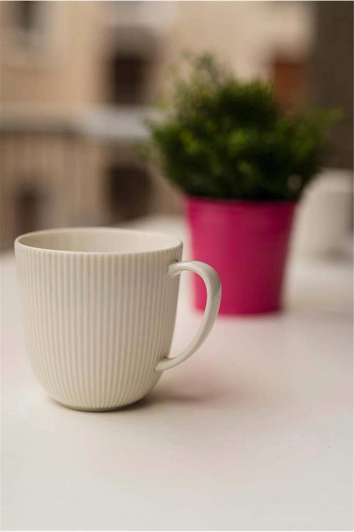 Porcelain Striped Mug Cup - Ofantlıgt 9 Cm White Mug Cup Feldspar Porcelain