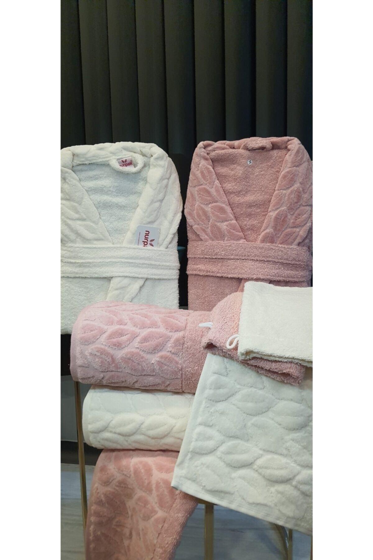 Family Bathrobe Set Set Hazal 8 Pieces 100% Cotton Dried Rose-cream Boxed - Swordslife