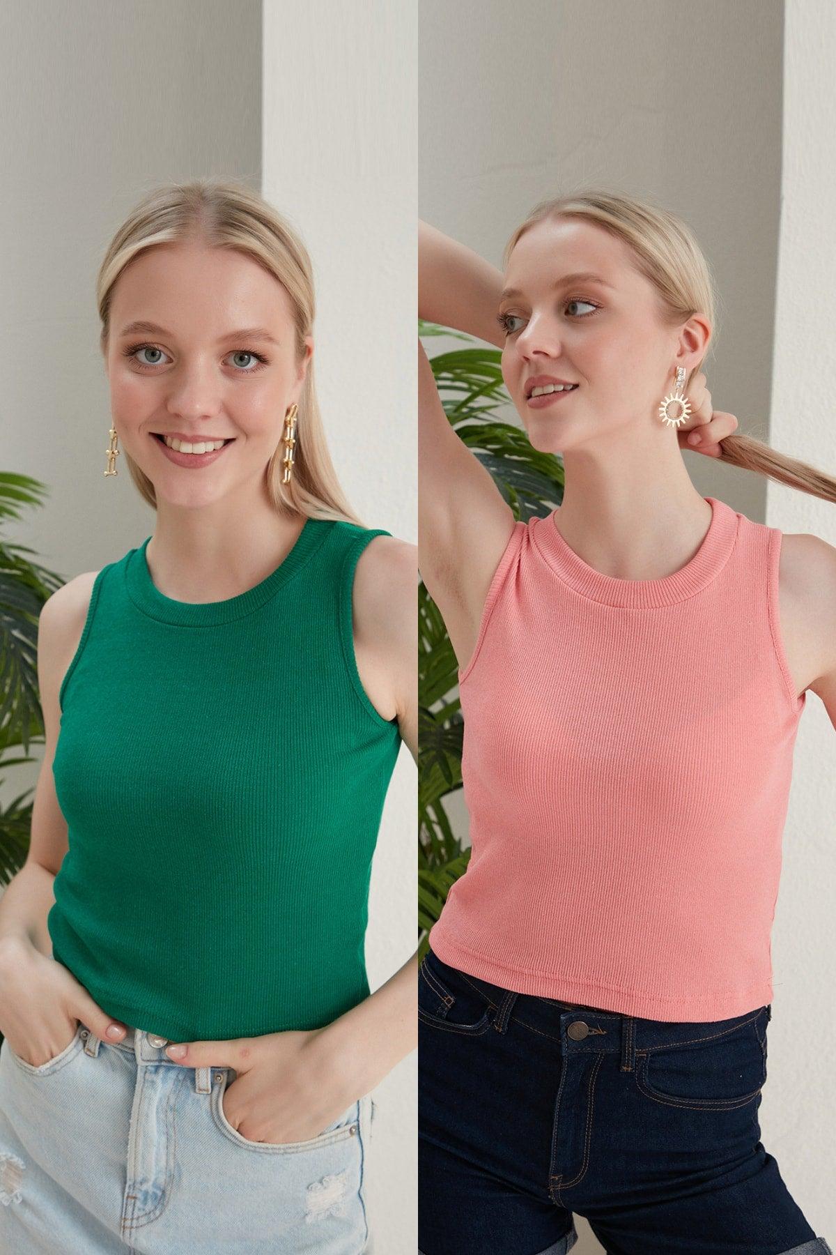 Women's Green Powder Halter Neck 2 Piece Crop Blouse - Swordslife